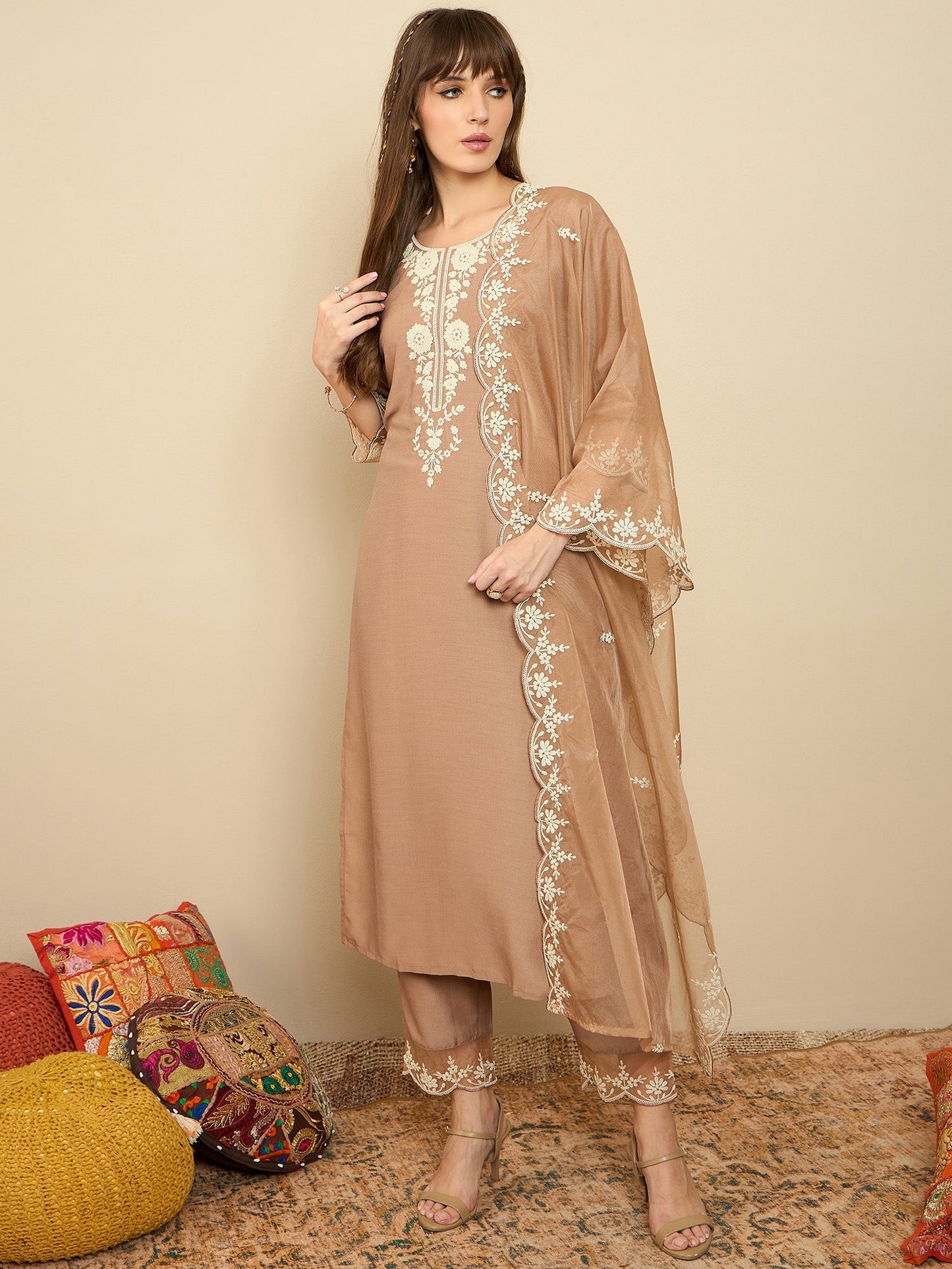 Brown Embroidered Straight Kurta Trousers With Dupatta set