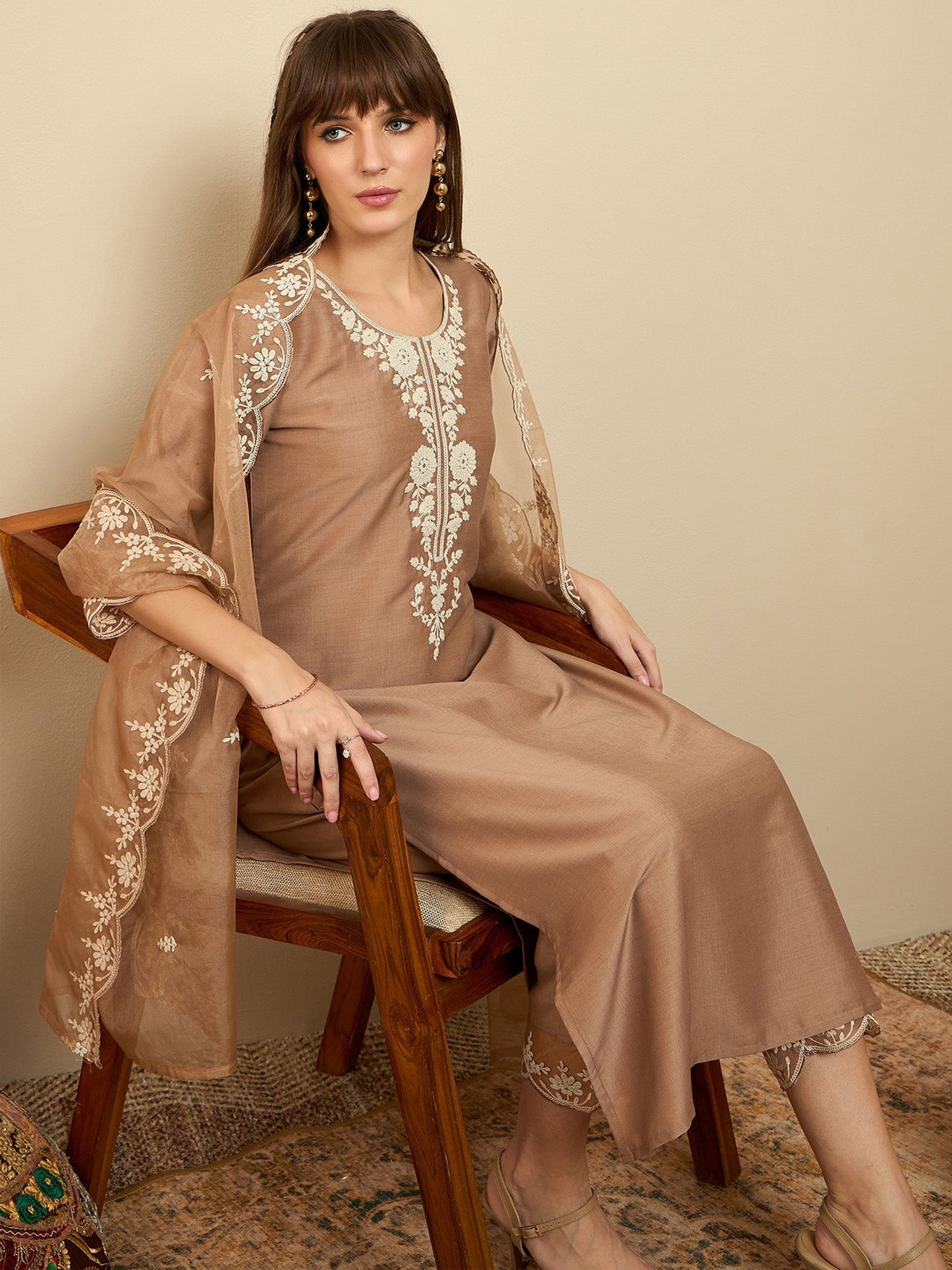 Brown Embroidered Straight Kurta Trousers With Dupatta set