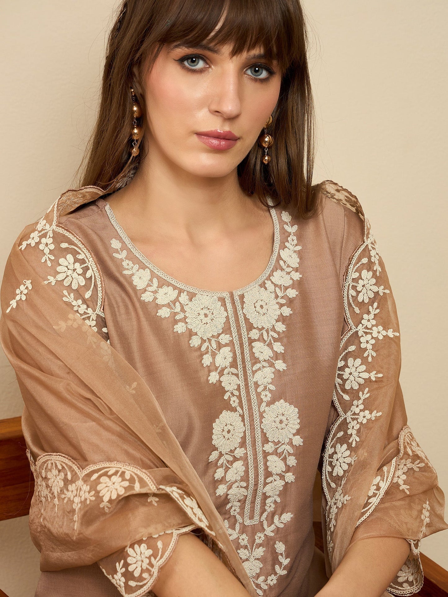 Brown Embroidered Straight Kurta Trousers With Dupatta set