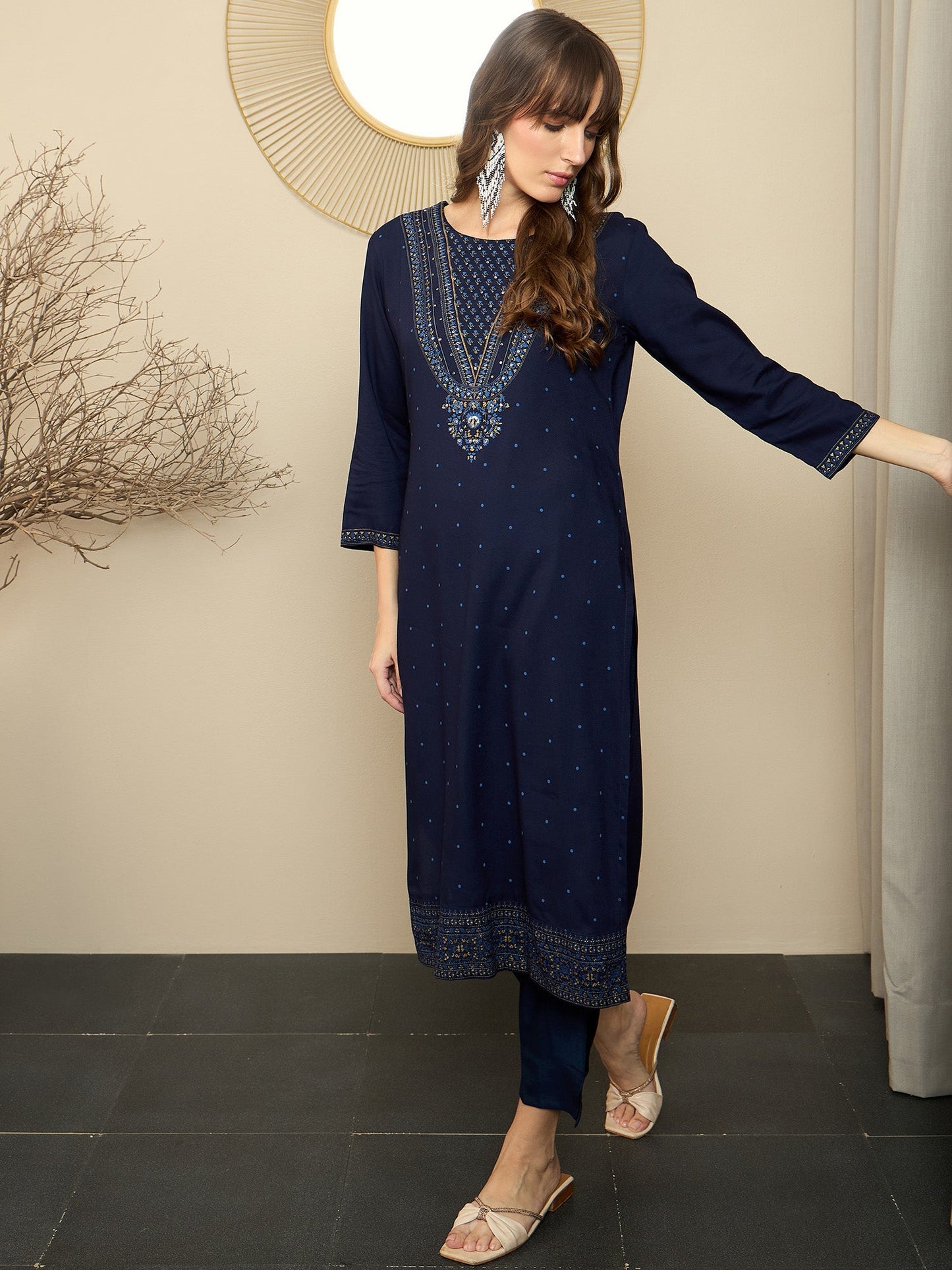 Indo Era Blue Printed Straight Kurtas