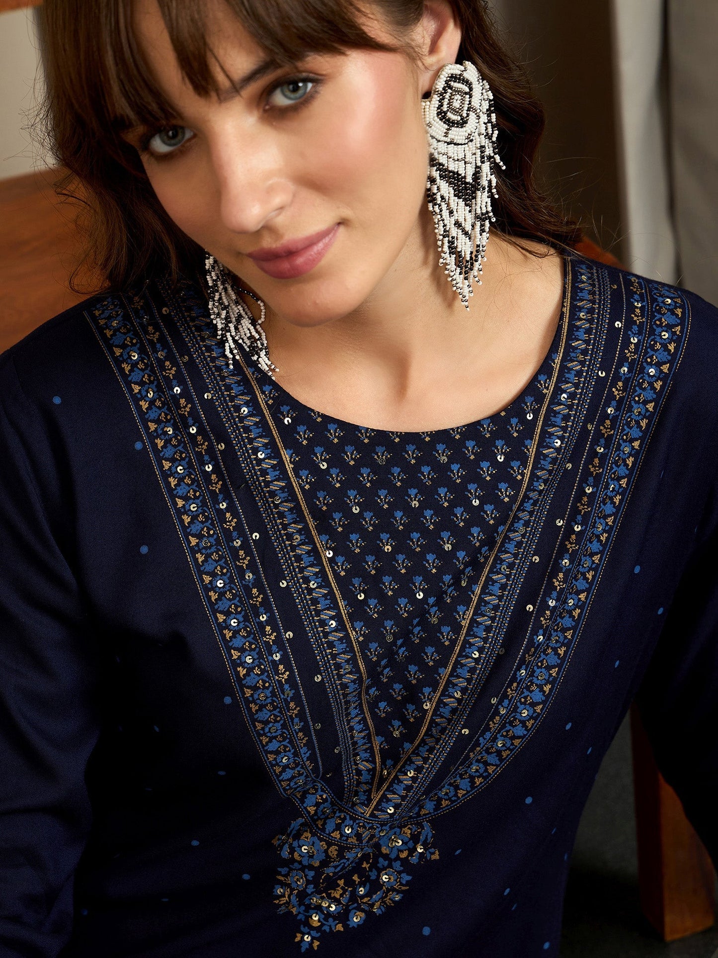 Indo Era Blue Printed Straight Kurtas