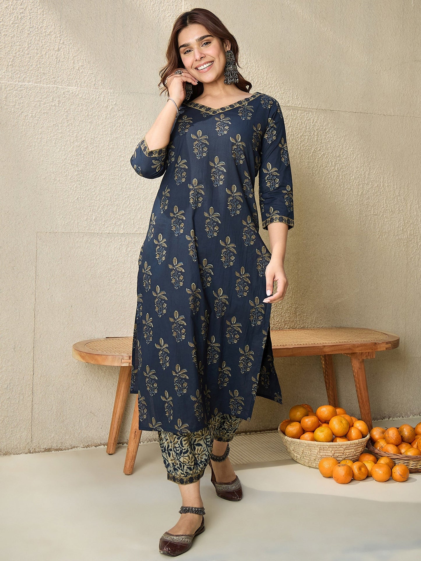 Indo Era Blue Printed Straight Kurta Salwar With Dupatta set