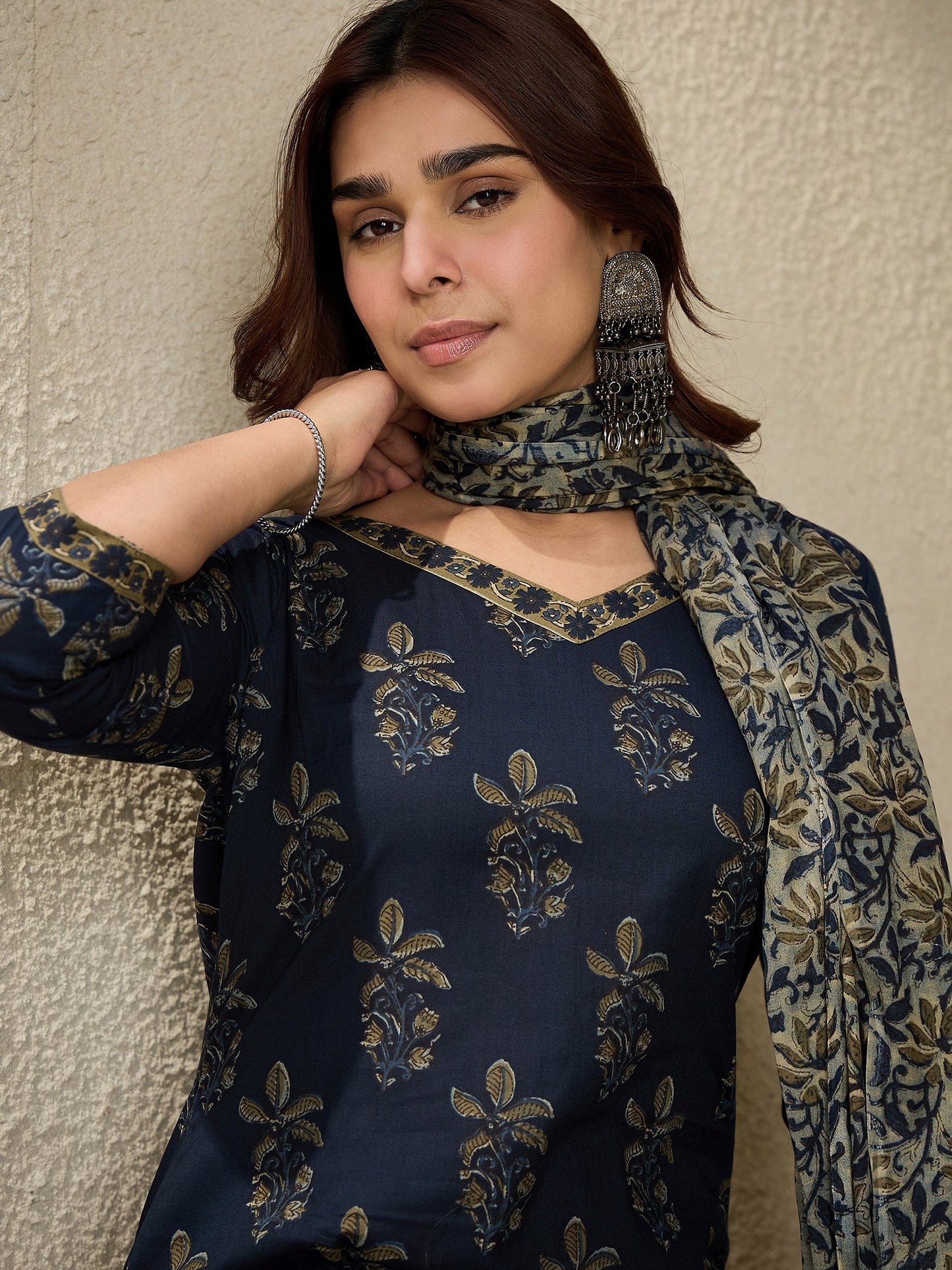 Indo Era Blue Printed Straight Kurta Salwar With Dupatta set