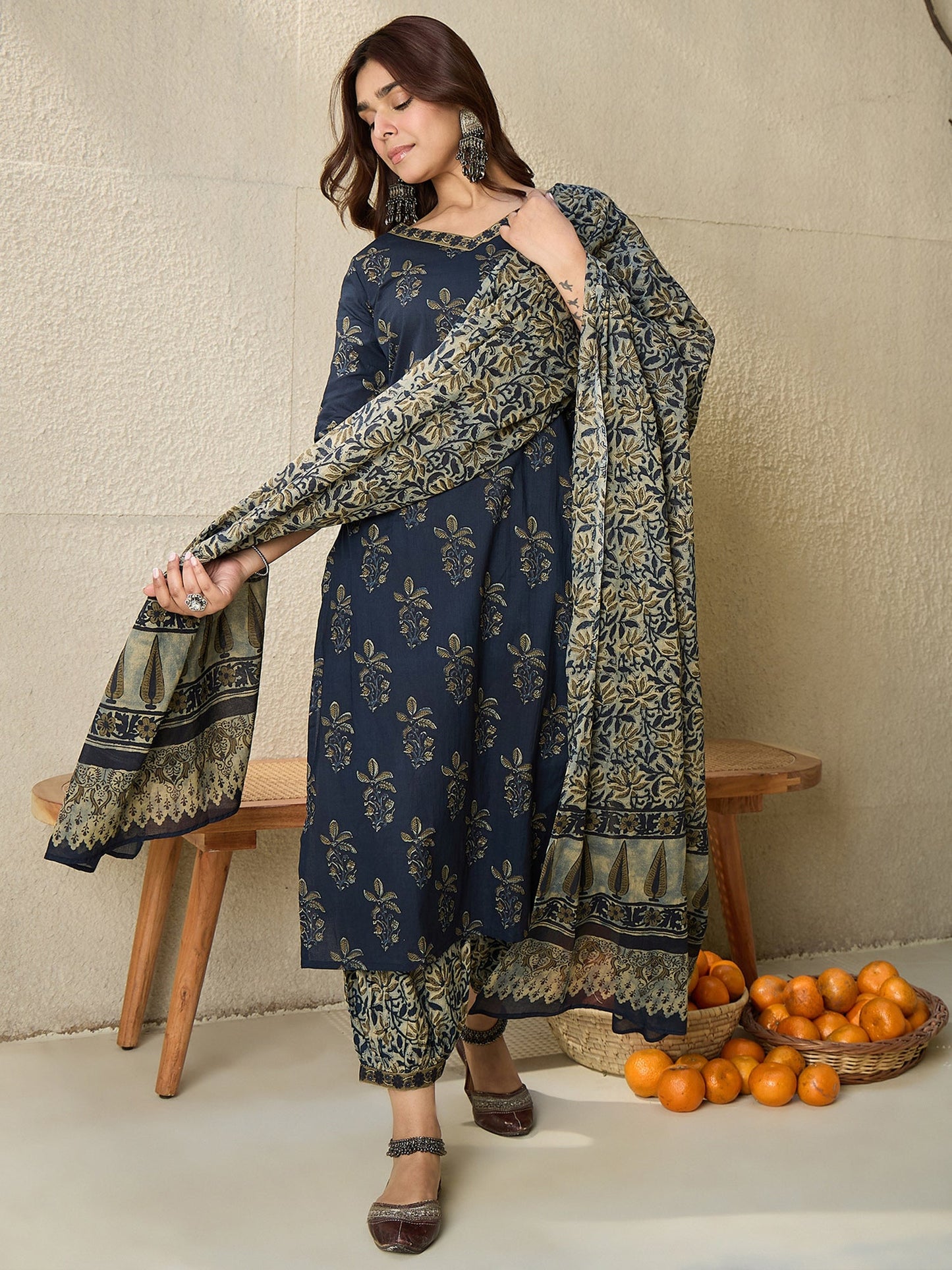 Indo Era Blue Printed Straight Kurta Salwar With Dupatta set