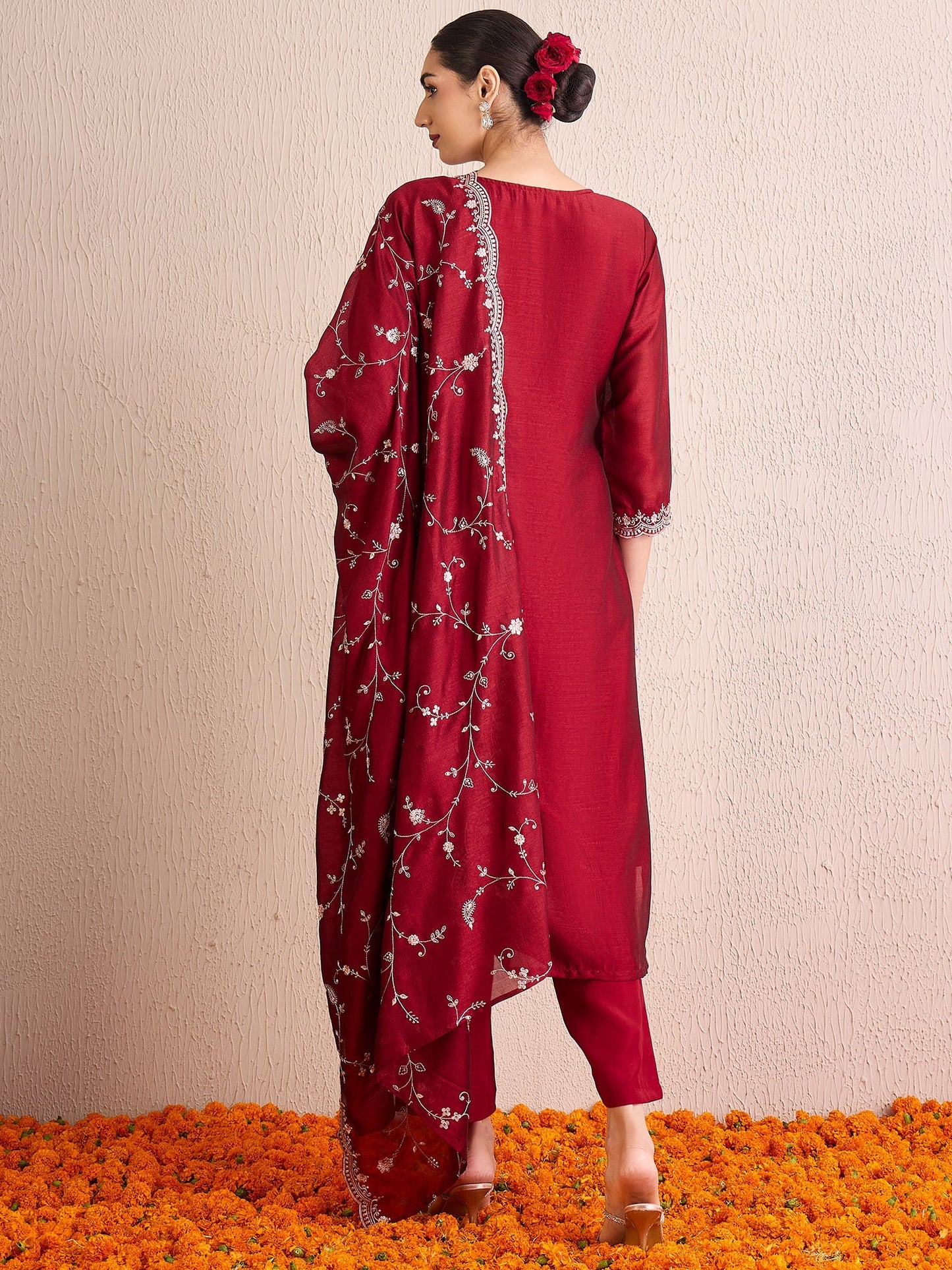 Maroon Embroidered Straight Kurta Trousers With Dupatta set