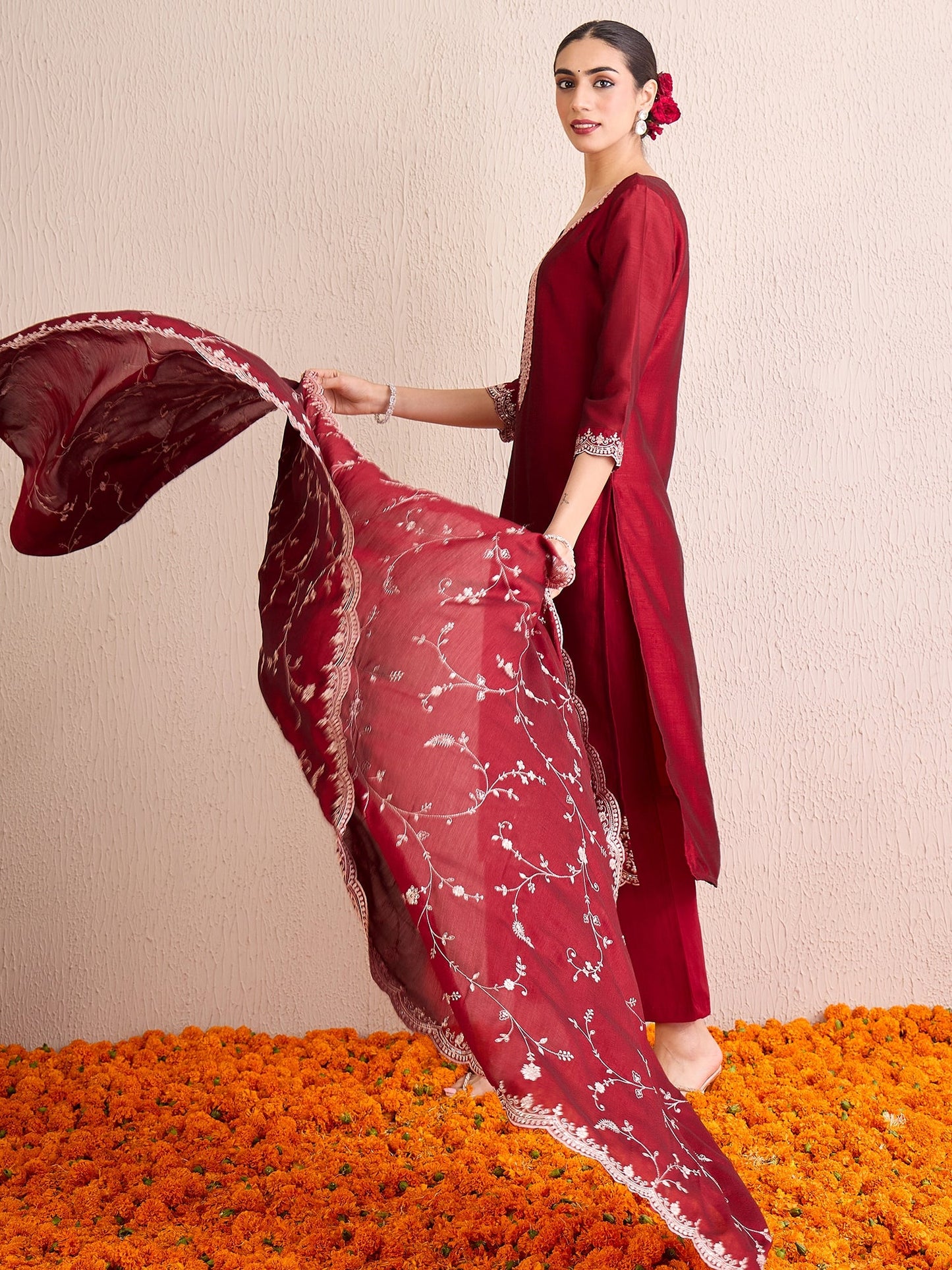 Maroon Embroidered Straight Kurta Trousers With Dupatta set