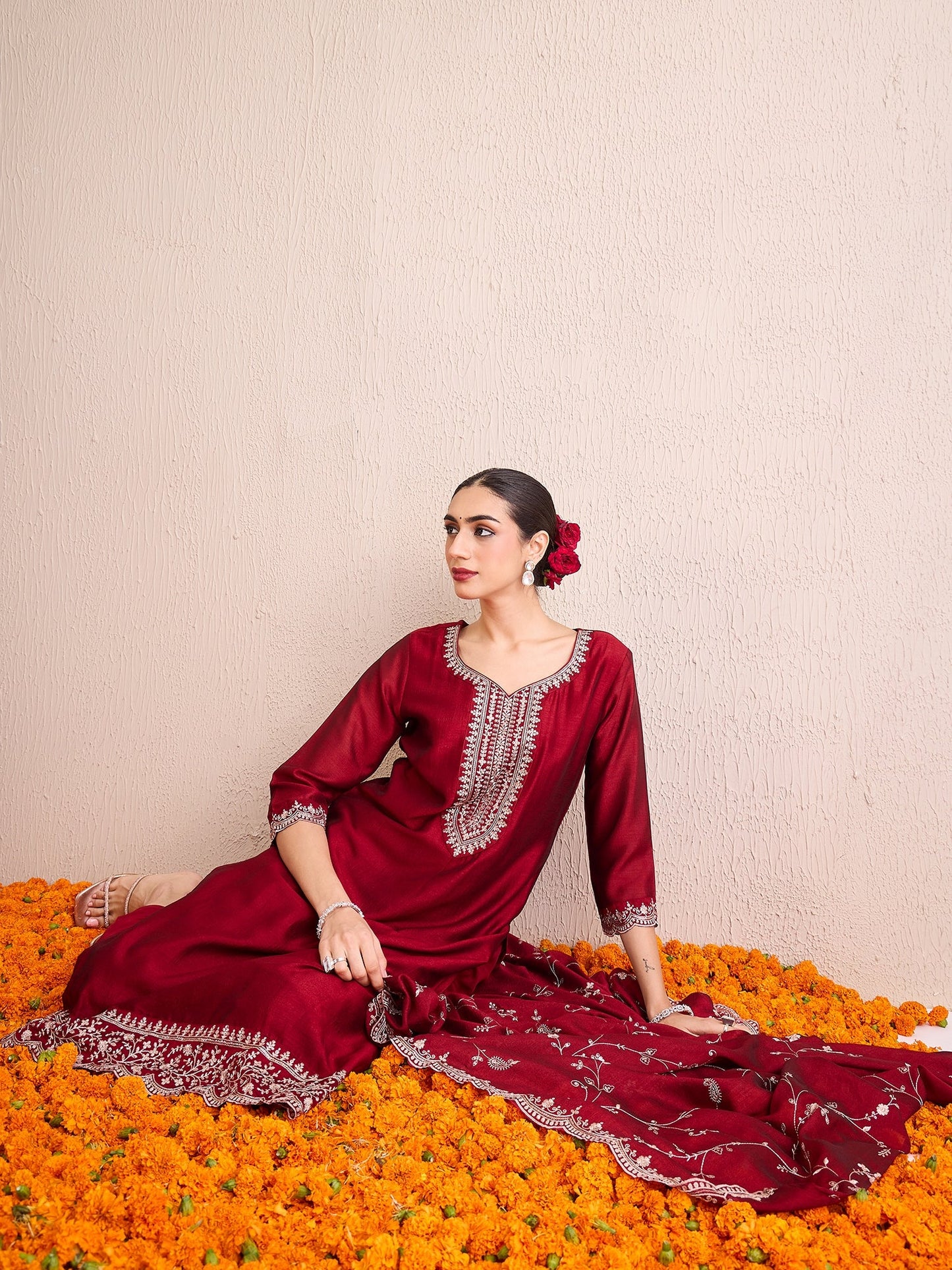 Maroon Embroidered Straight Kurta Trousers With Dupatta set