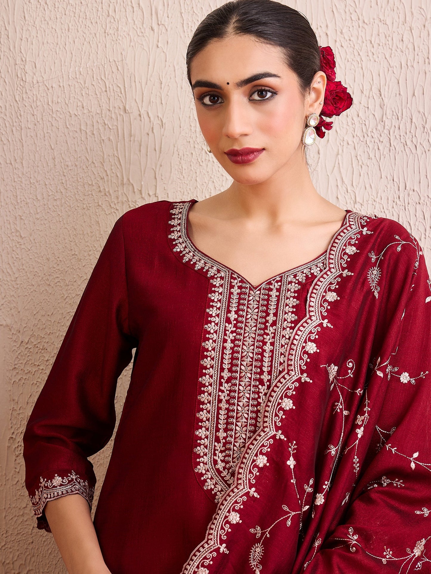 Maroon Embroidered Straight Kurta Trousers With Dupatta set