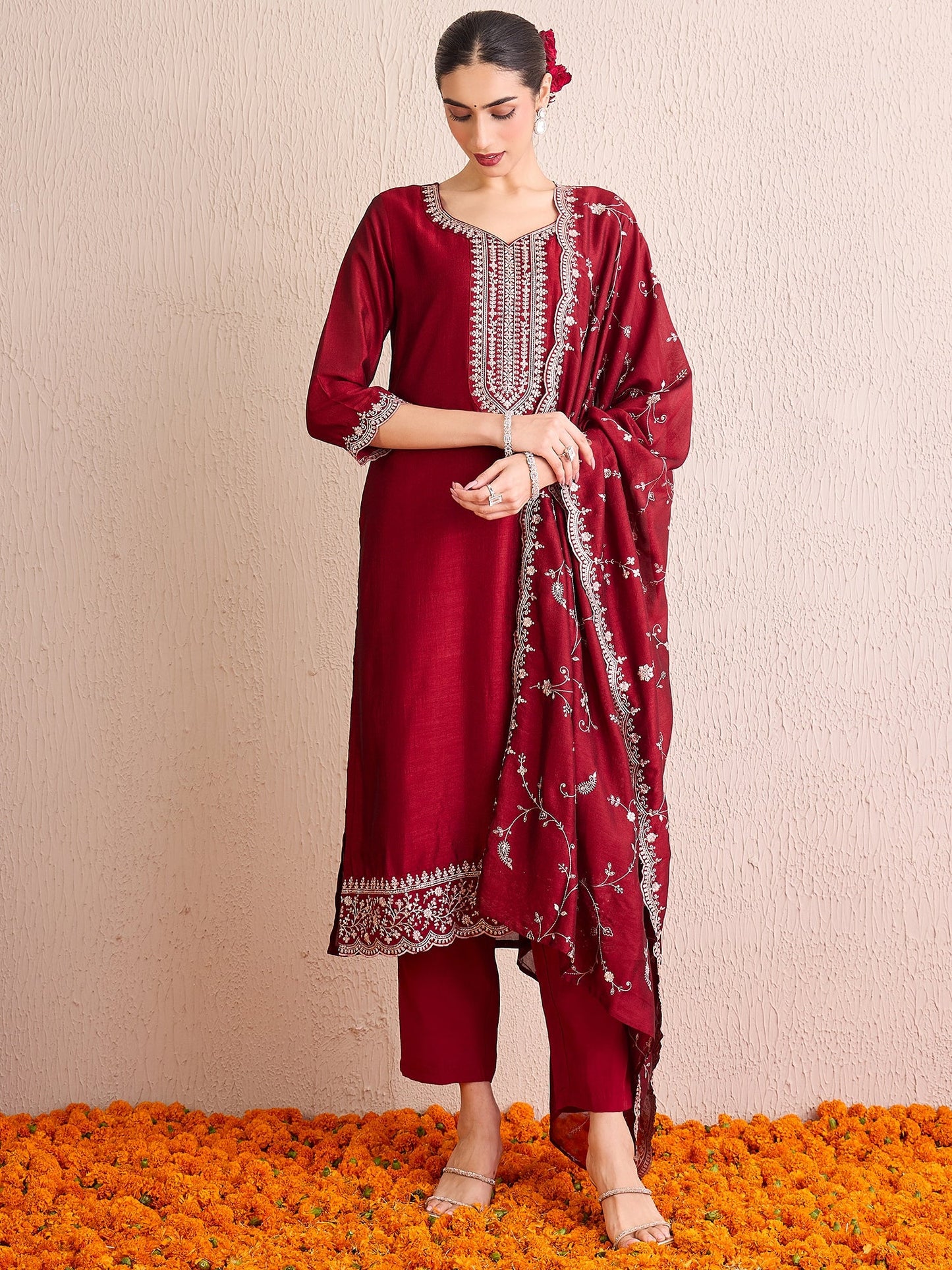 Maroon Embroidered Straight Kurta Trousers With Dupatta set