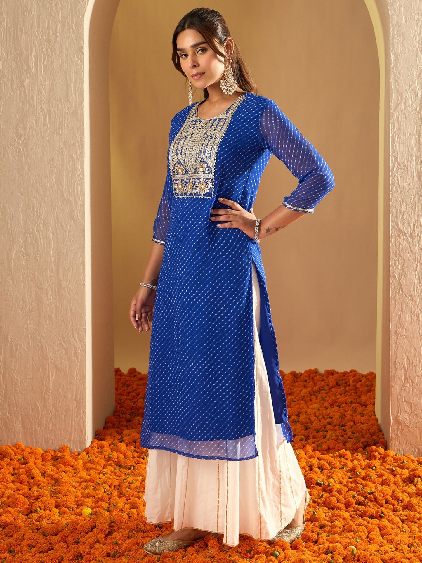 Indo Era Blue Embroidered Straight Kurtas