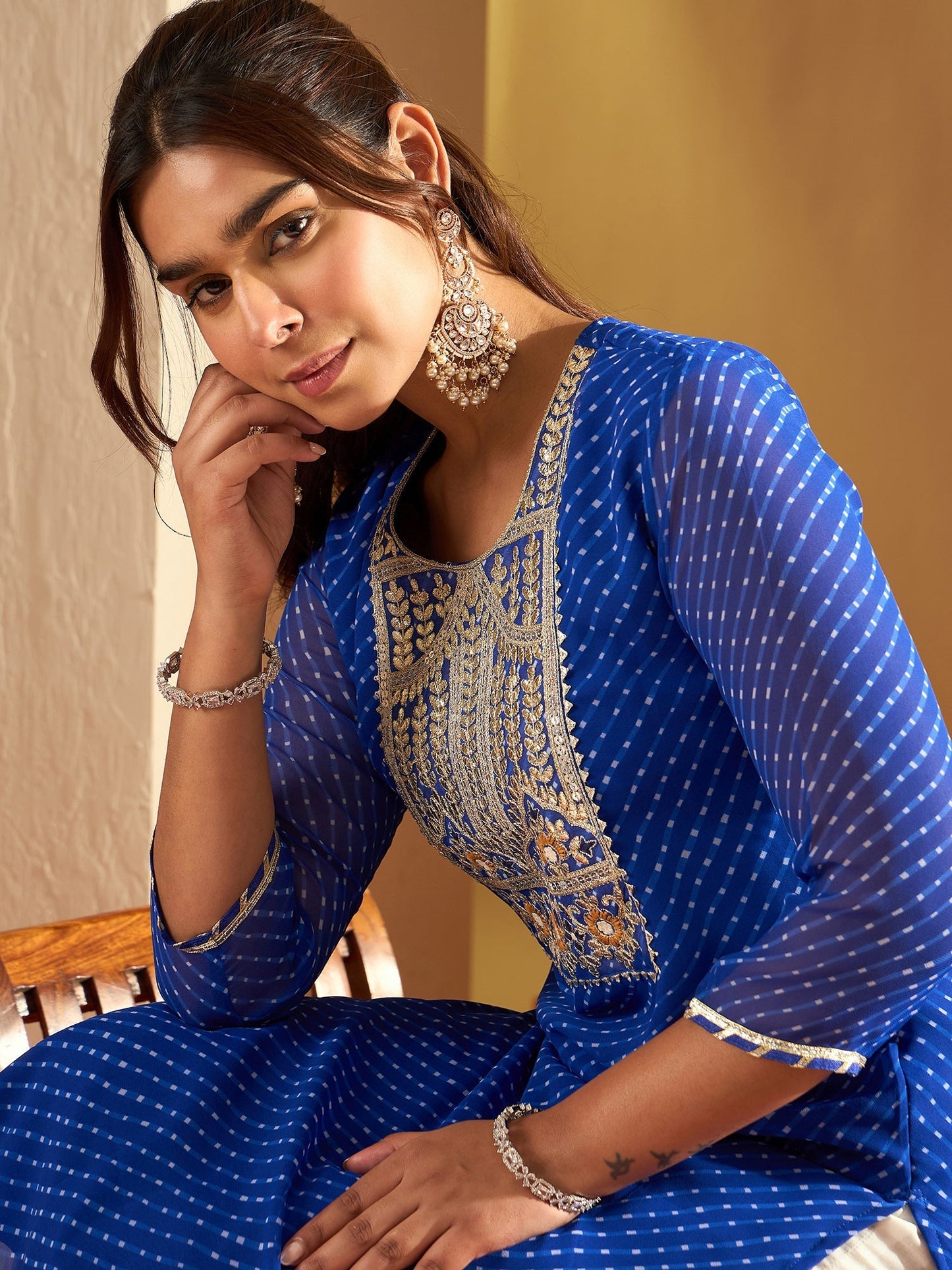 Indo Era Blue Embroidered Straight Kurtas