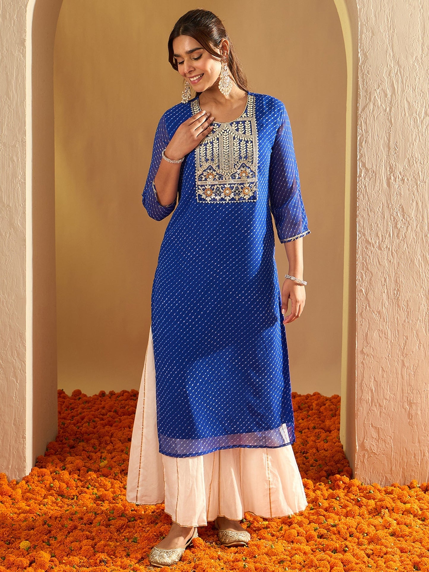 Indo Era Blue Embroidered Straight Kurtas
