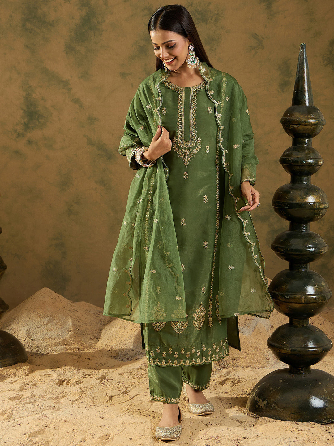 Green Embroidered Straight Kurta Trousers With Dupatta set
