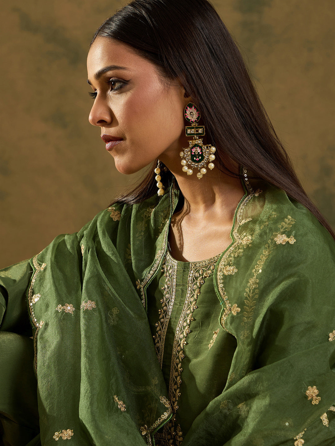 Green Embroidered Straight Kurta Trousers With Dupatta set