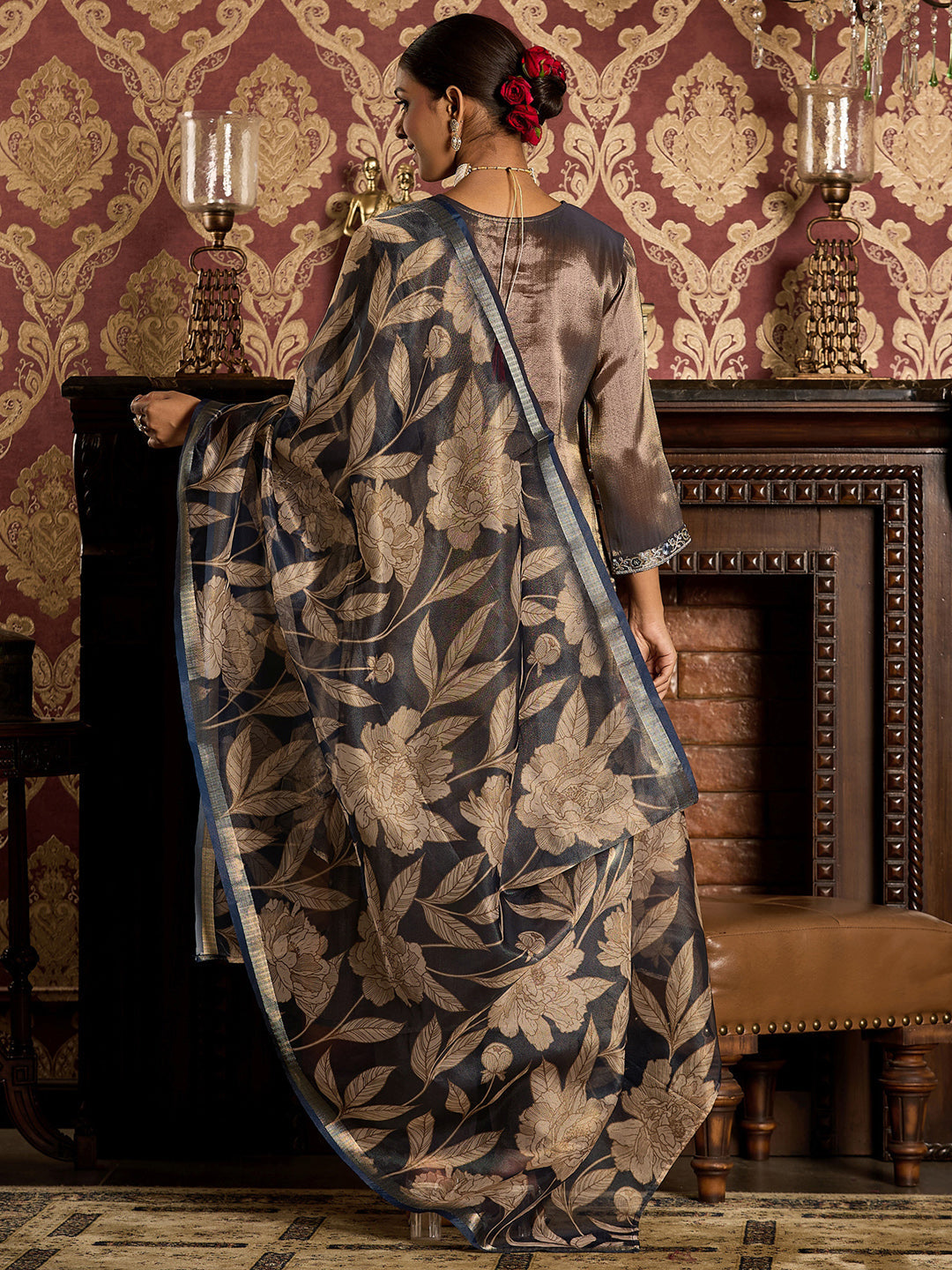 Indo Era Blue Embroidered Straight Kurta Trousers With Dupatta set