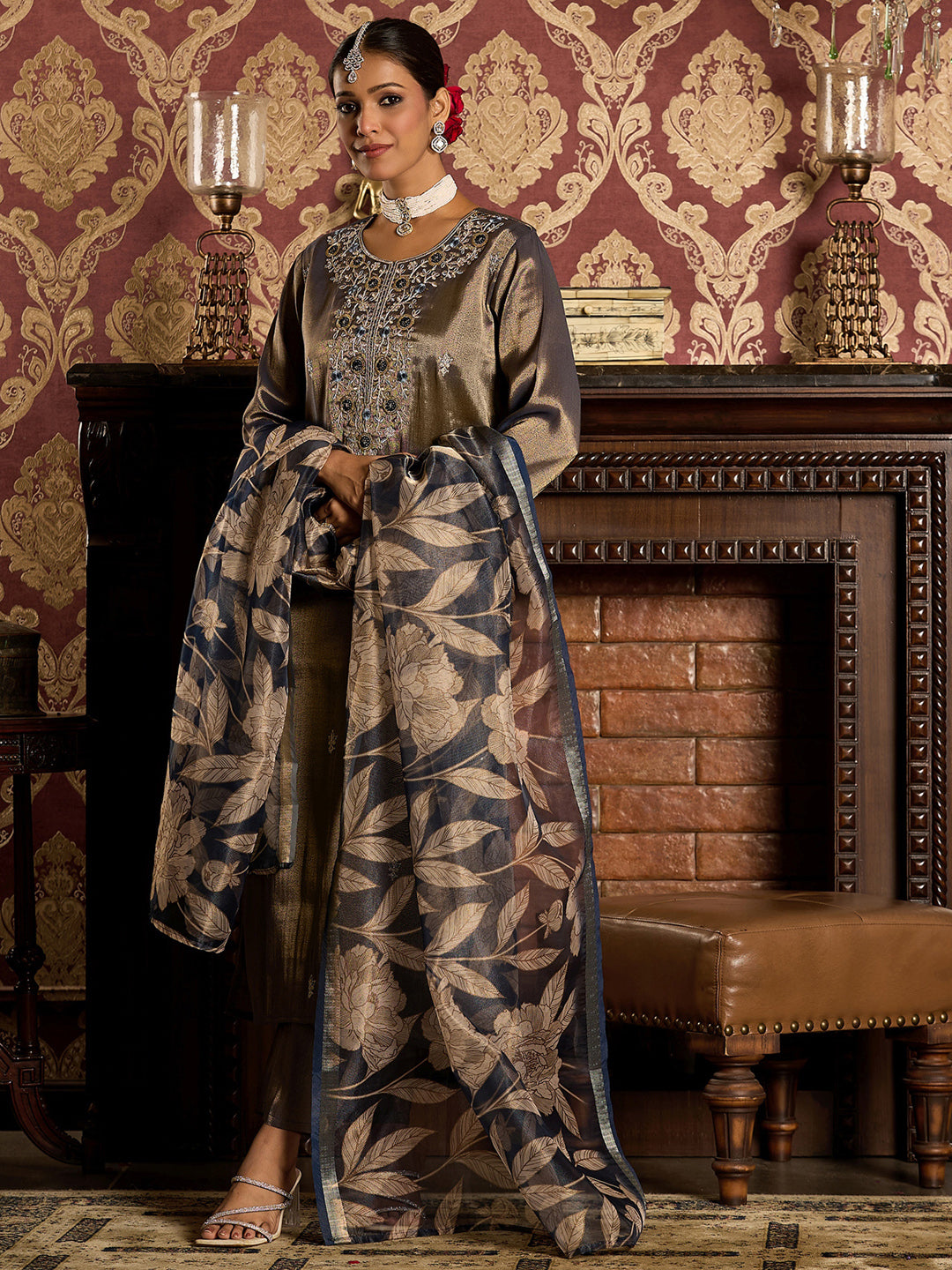Indo Era Blue Embroidered Straight Kurta Trousers With Dupatta set