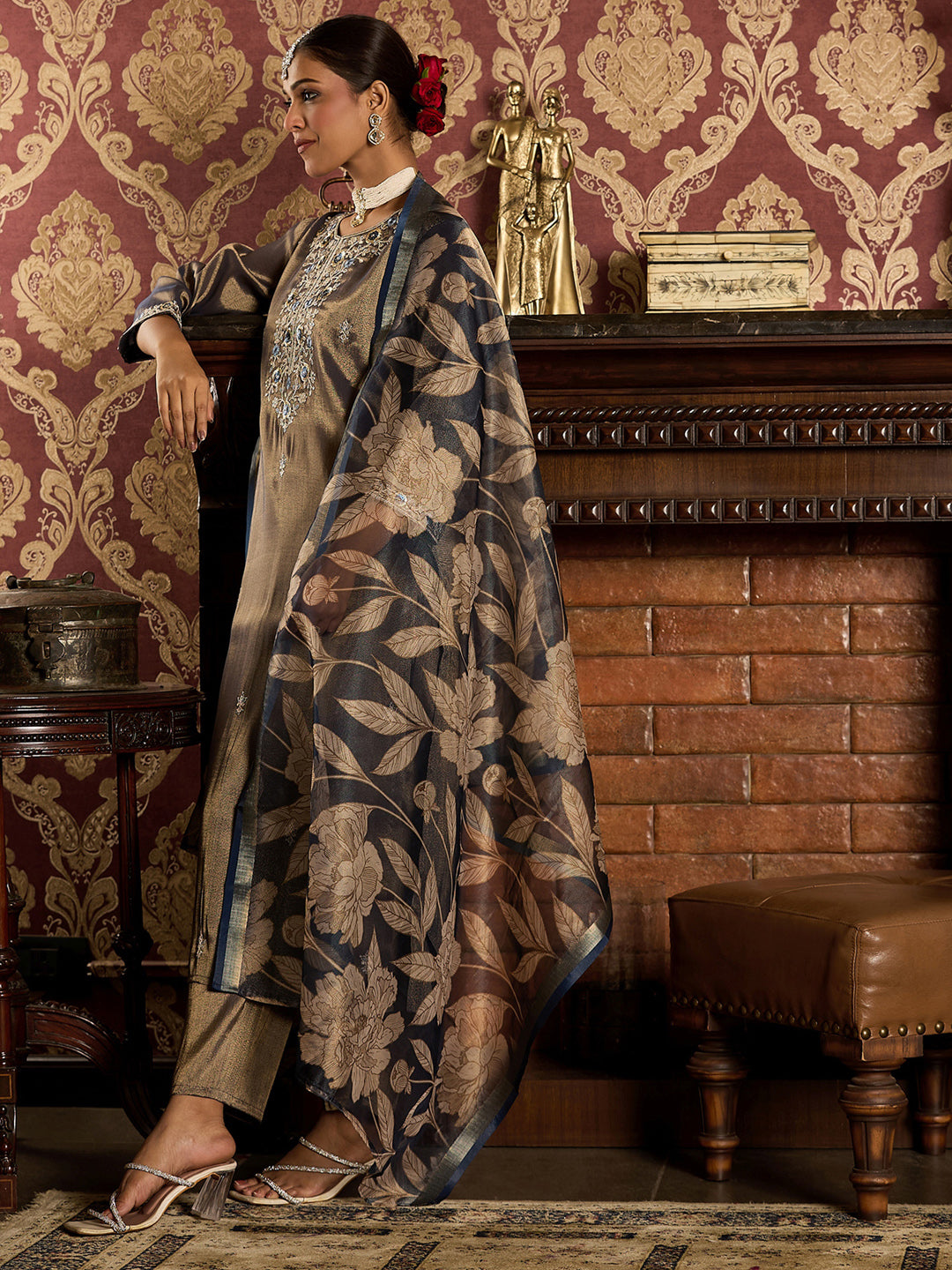 Indo Era Blue Embroidered Straight Kurta Trousers With Dupatta set