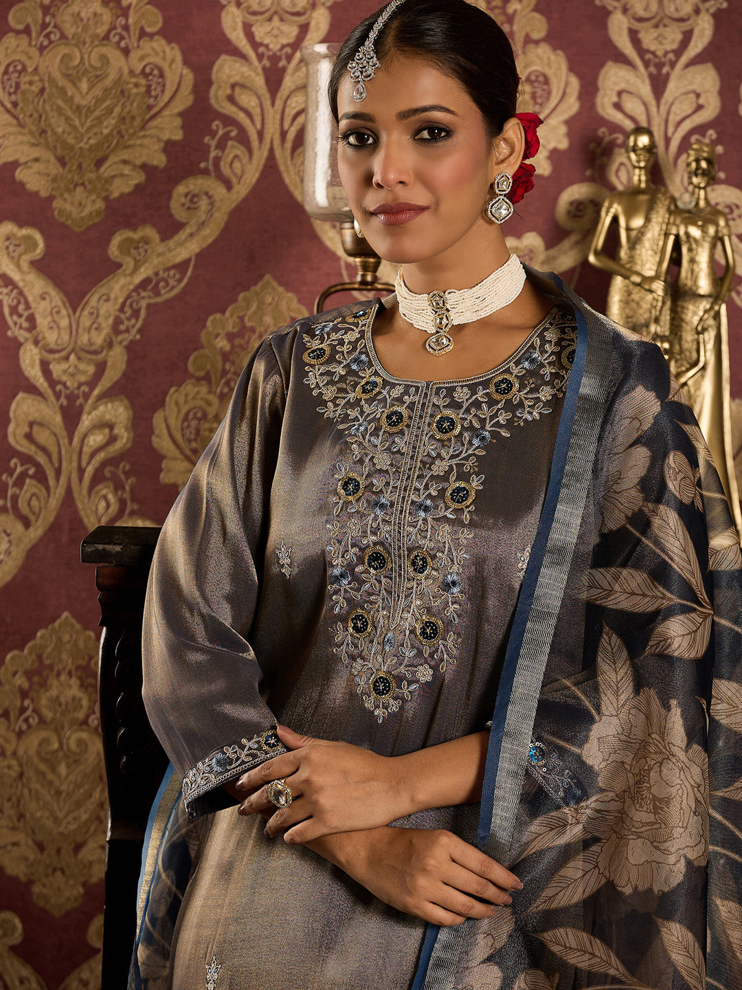 Indo Era Blue Embroidered Straight Kurta Trousers With Dupatta set