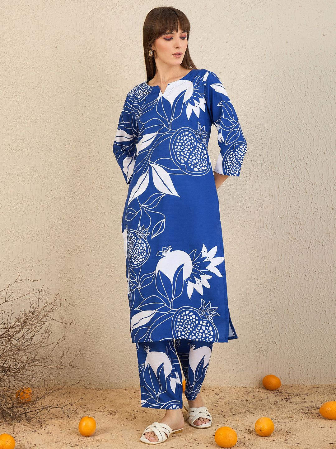 Indo Era Blue Printed Straight Kurta Trousers Set