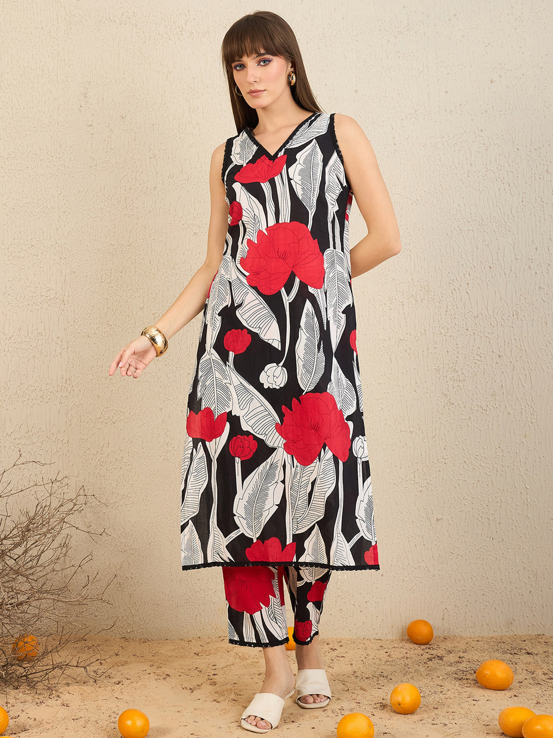 Indo Era Black Printed Straight Kurta Trousers Set