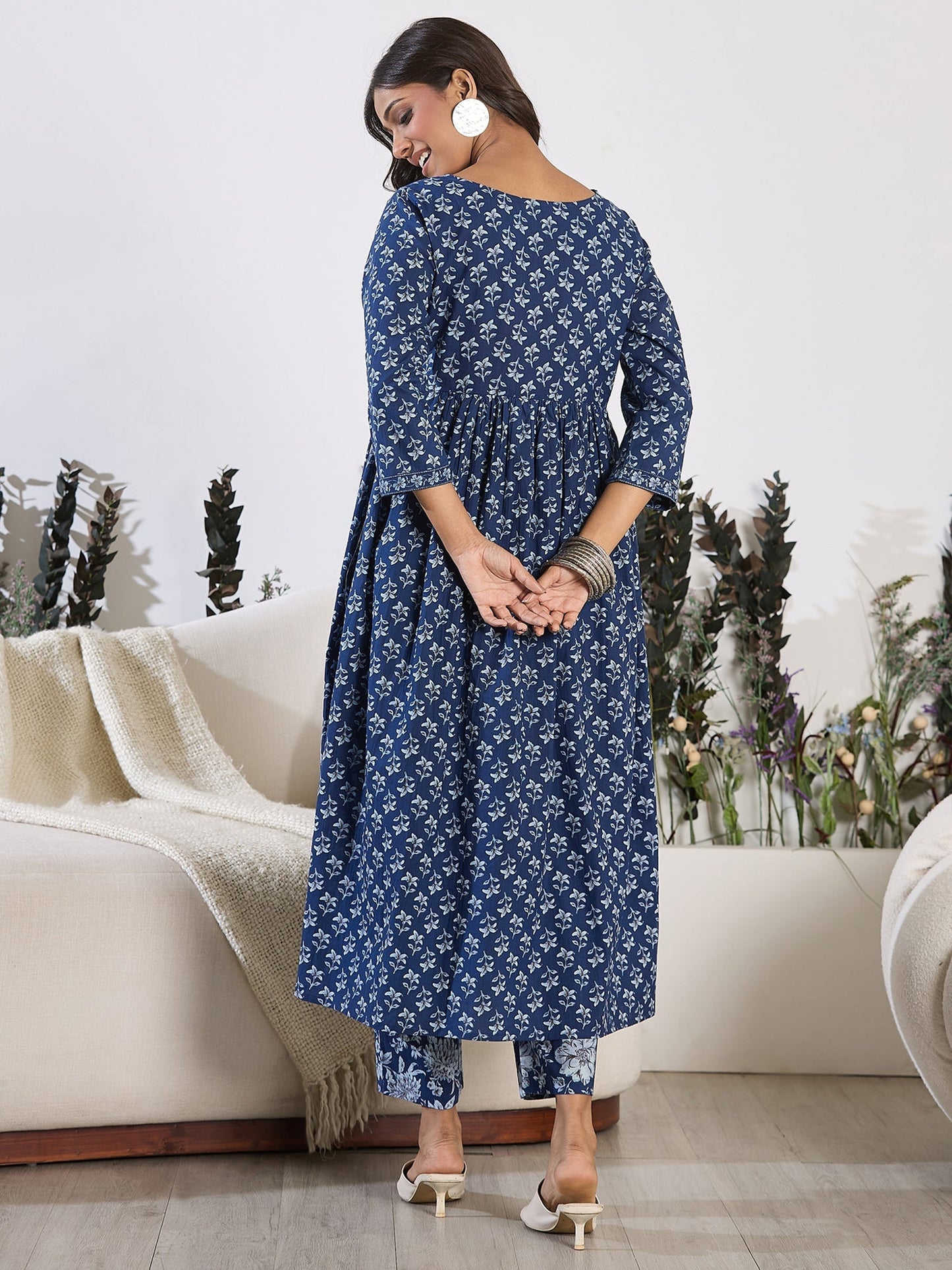 Indo Era Blue Printed A-Line Kurta Trousers set