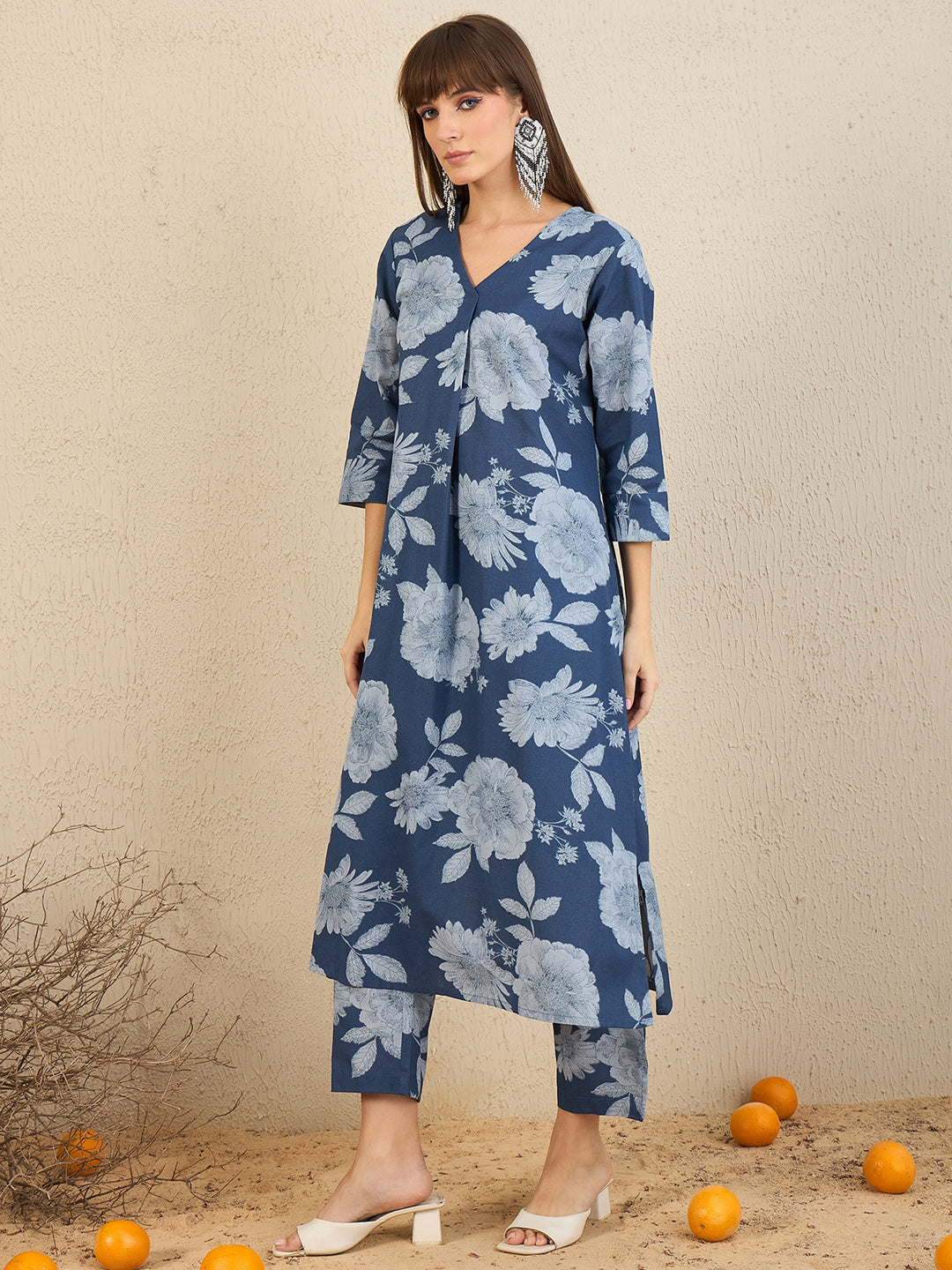 Indo Era Blue Printed A-Line Kurta Trousers set
