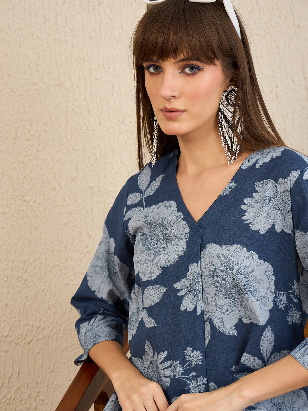 Indo Era Blue Printed A-Line Kurta Trousers set