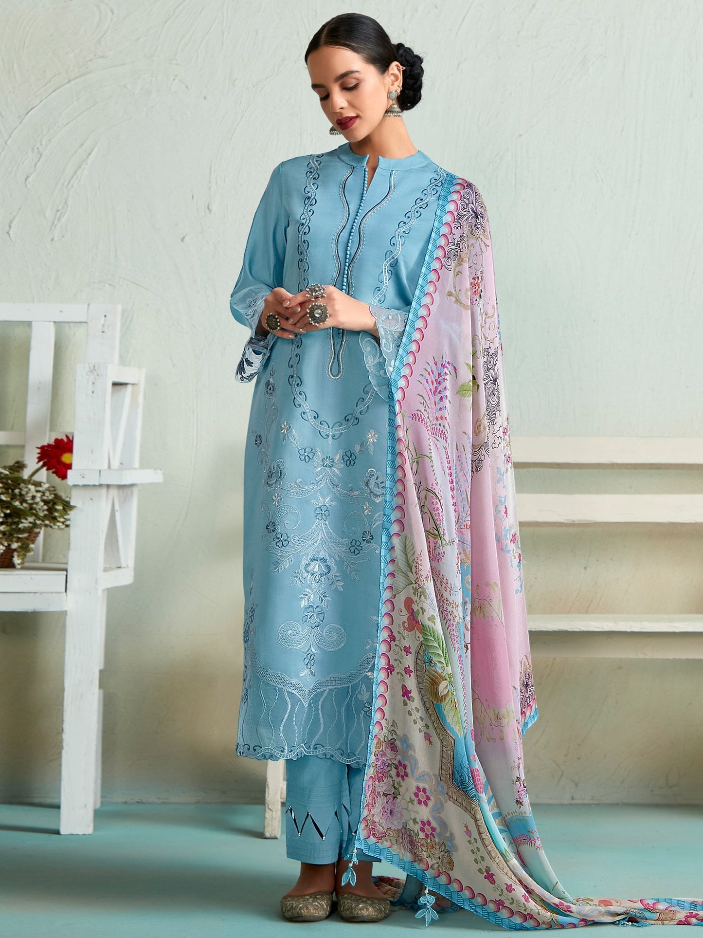 Indo Era Blue Embroidered Straight Kurta Trousers With Dupatta set
