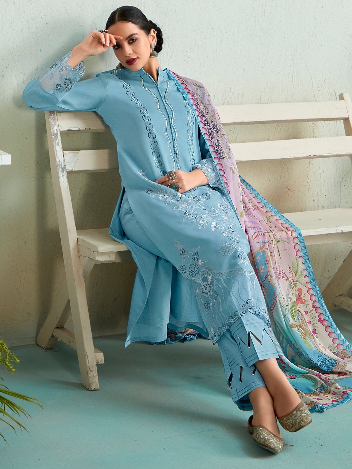 Indo Era Blue Embroidered Straight Kurta Trousers With Dupatta set