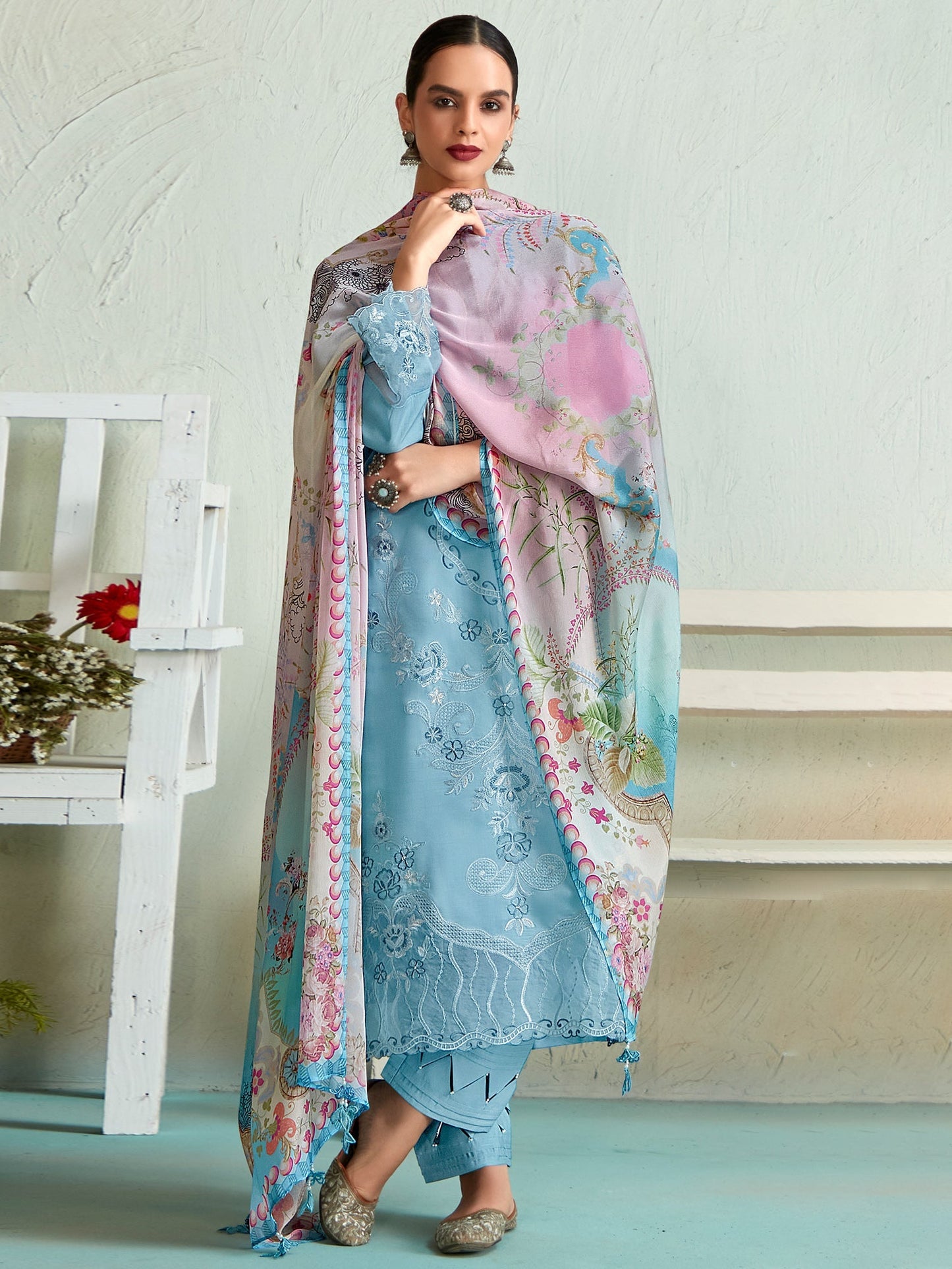 Indo Era Blue Embroidered Straight Kurta Trousers With Dupatta set