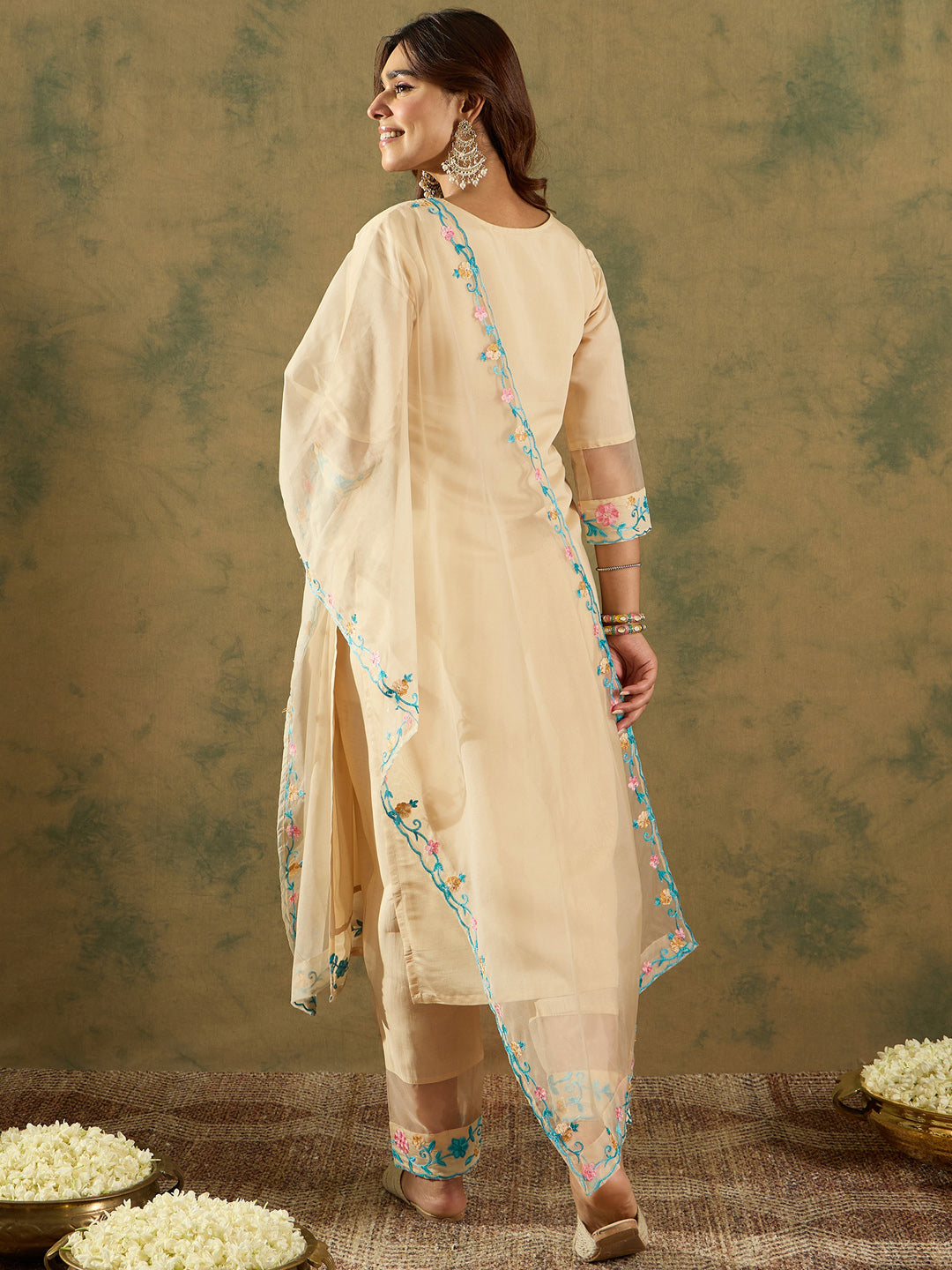 Indo Era Cream Embroidered Straight Kurta Trousers With Dupatta Set