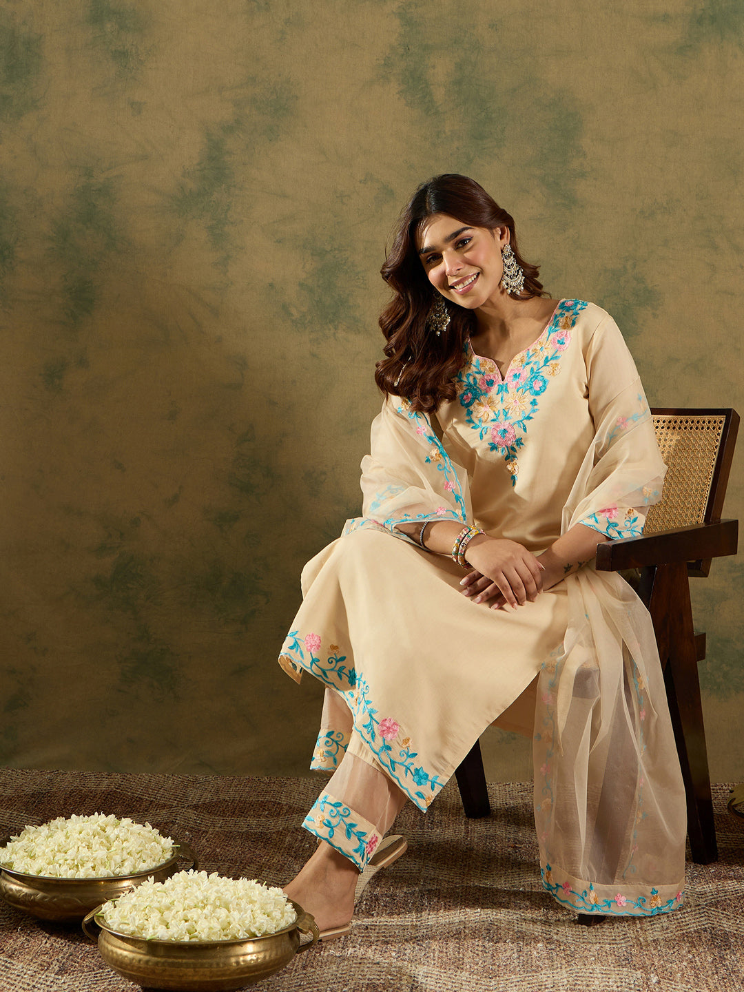 Indo Era Cream Embroidered Straight Kurta Trousers With Dupatta Set