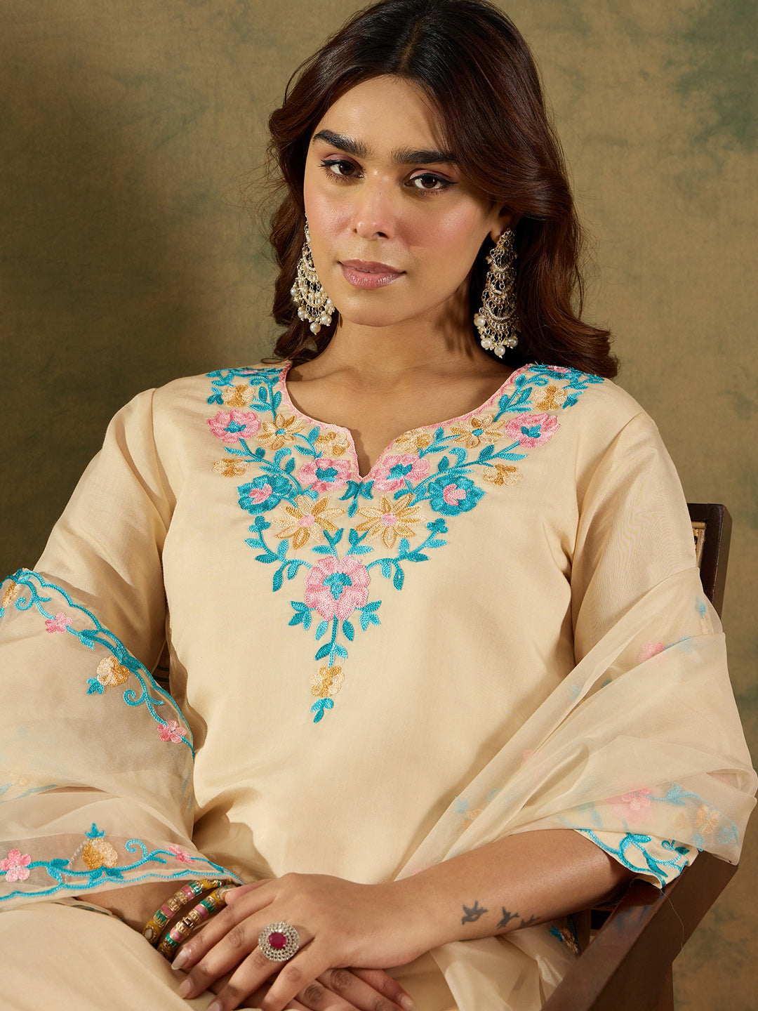 Indo Era Cream Embroidered Straight Kurta Trousers With Dupatta Set