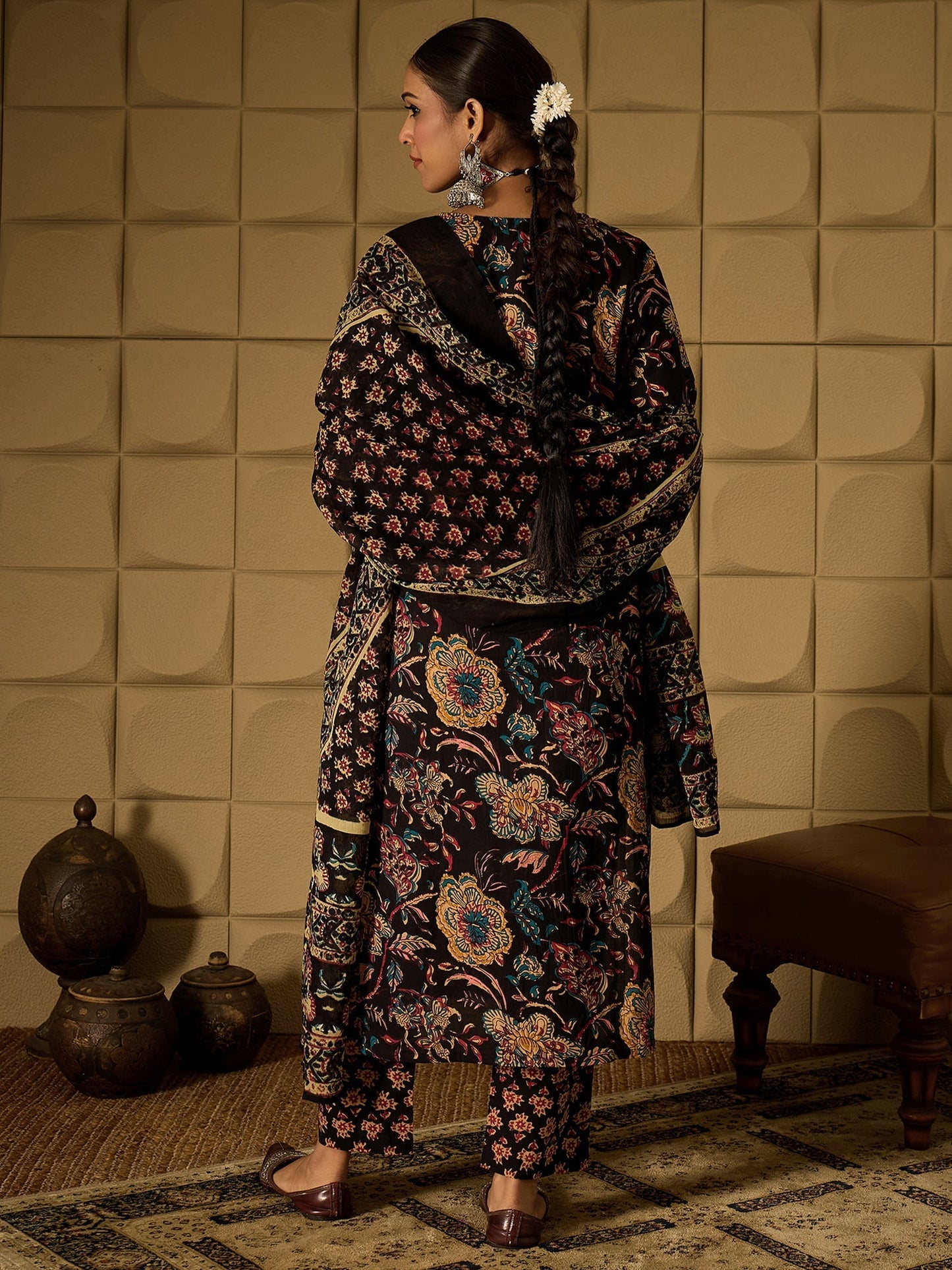 Indo Era Black Printed Straight Kurta Trousers With Dupatta Set