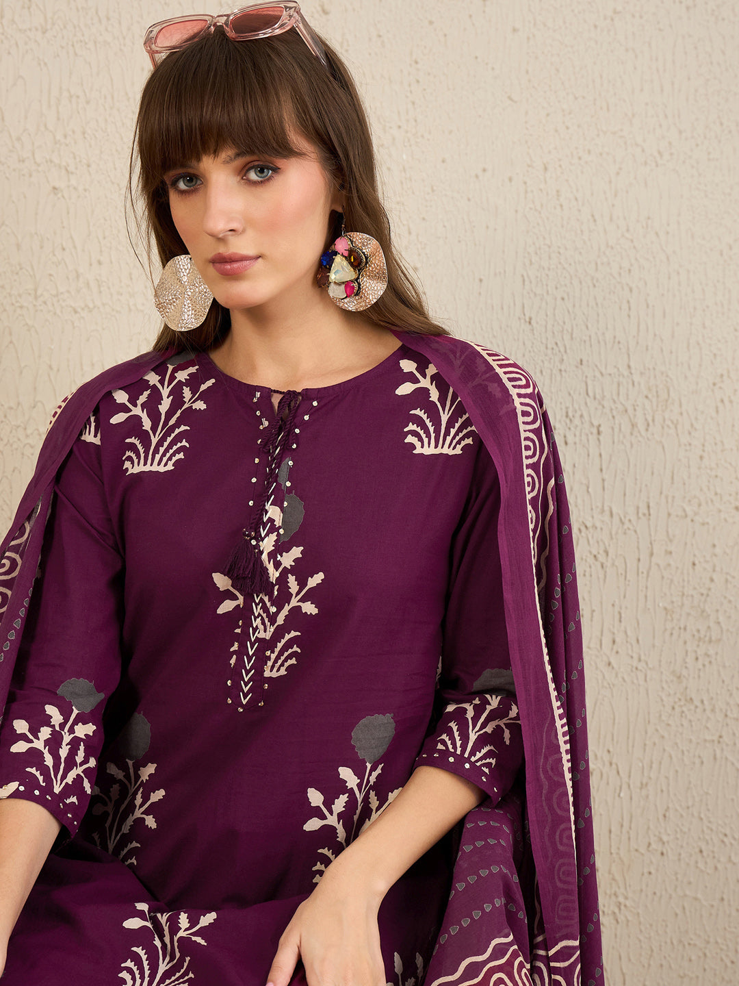 Indo Era Burgundy Printed Straight Kurta Trousers With Dupatta Set