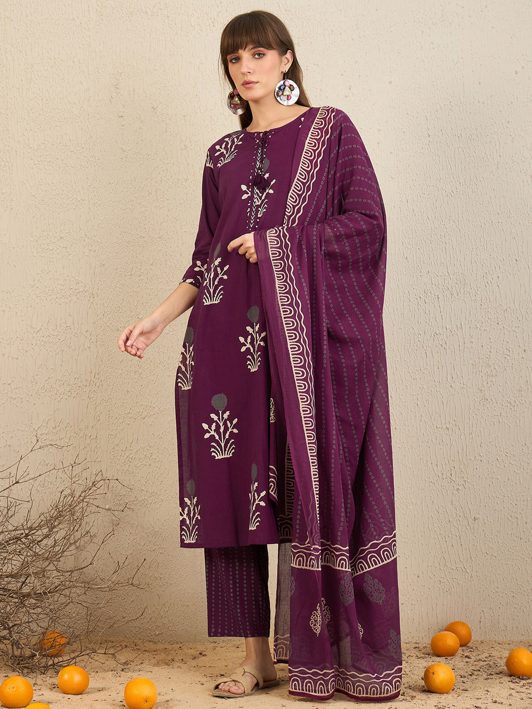 Indo Era Burgundy Printed Straight Kurta Trousers With Dupatta Set
