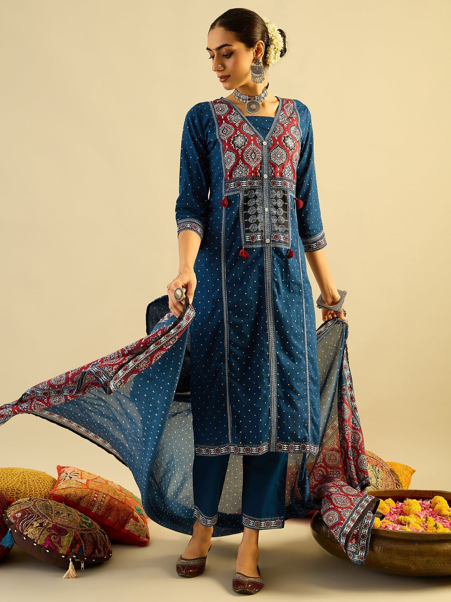 Indo Era Blue Printed Straight Kurta Trousers With Dupatta Set