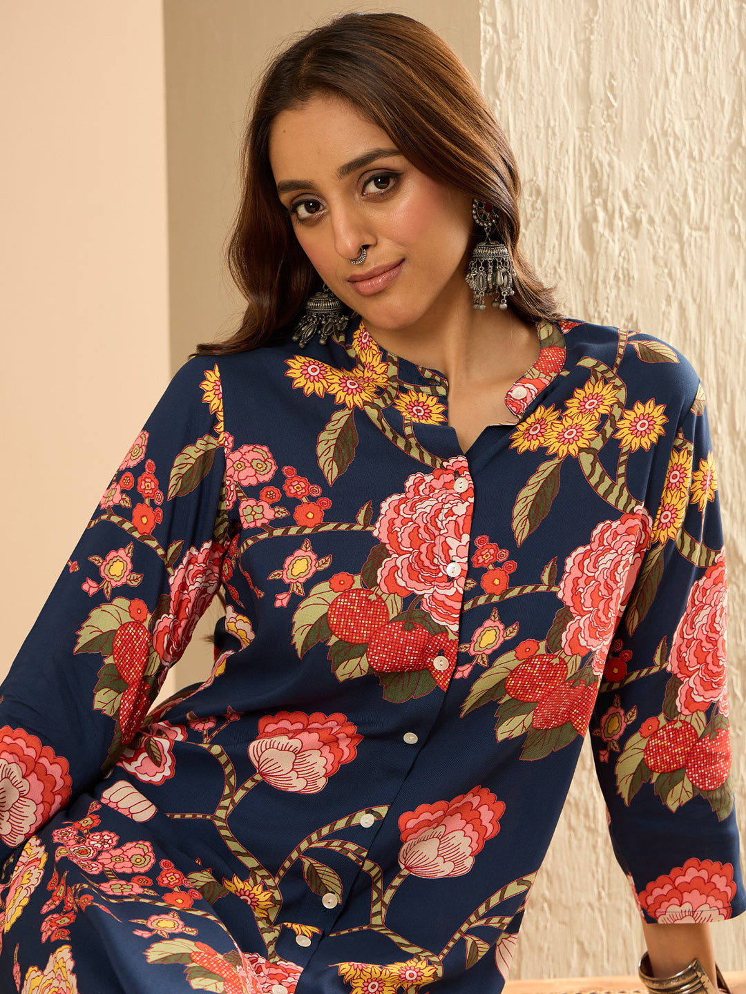 Indo Era Blue Printed Straight Kurta Palazzos Set