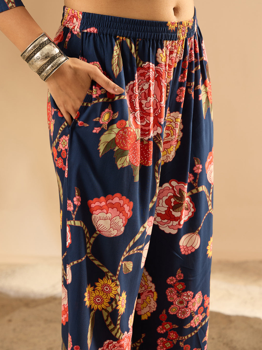 Indo Era Blue Printed Straight Kurta Palazzos Set