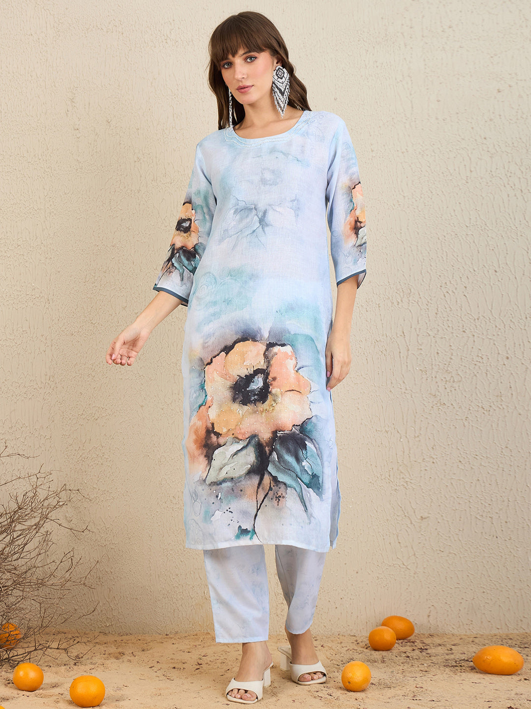 Indo Era Blue Printed Straight Kurta Trousers With Dupatta Set