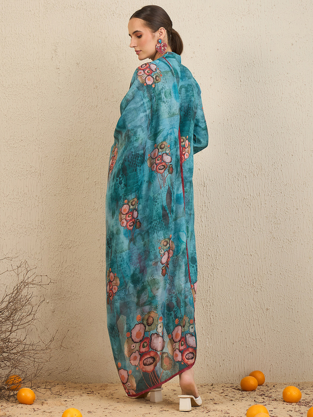 Indo Era Green Printed Straight Kurta Trousers With Dupatta Set