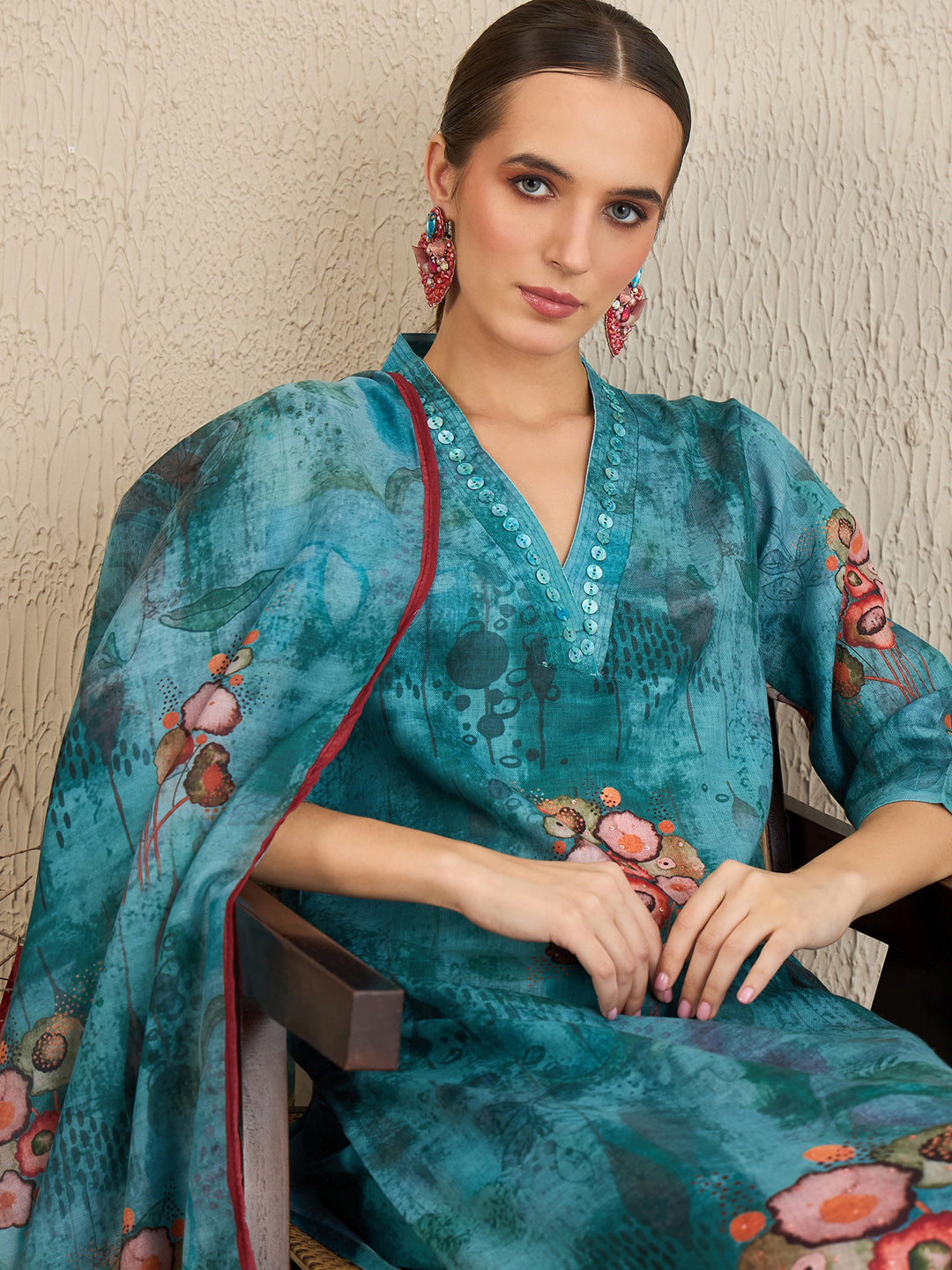 Indo Era Green Printed Straight Kurta Trousers With Dupatta Set