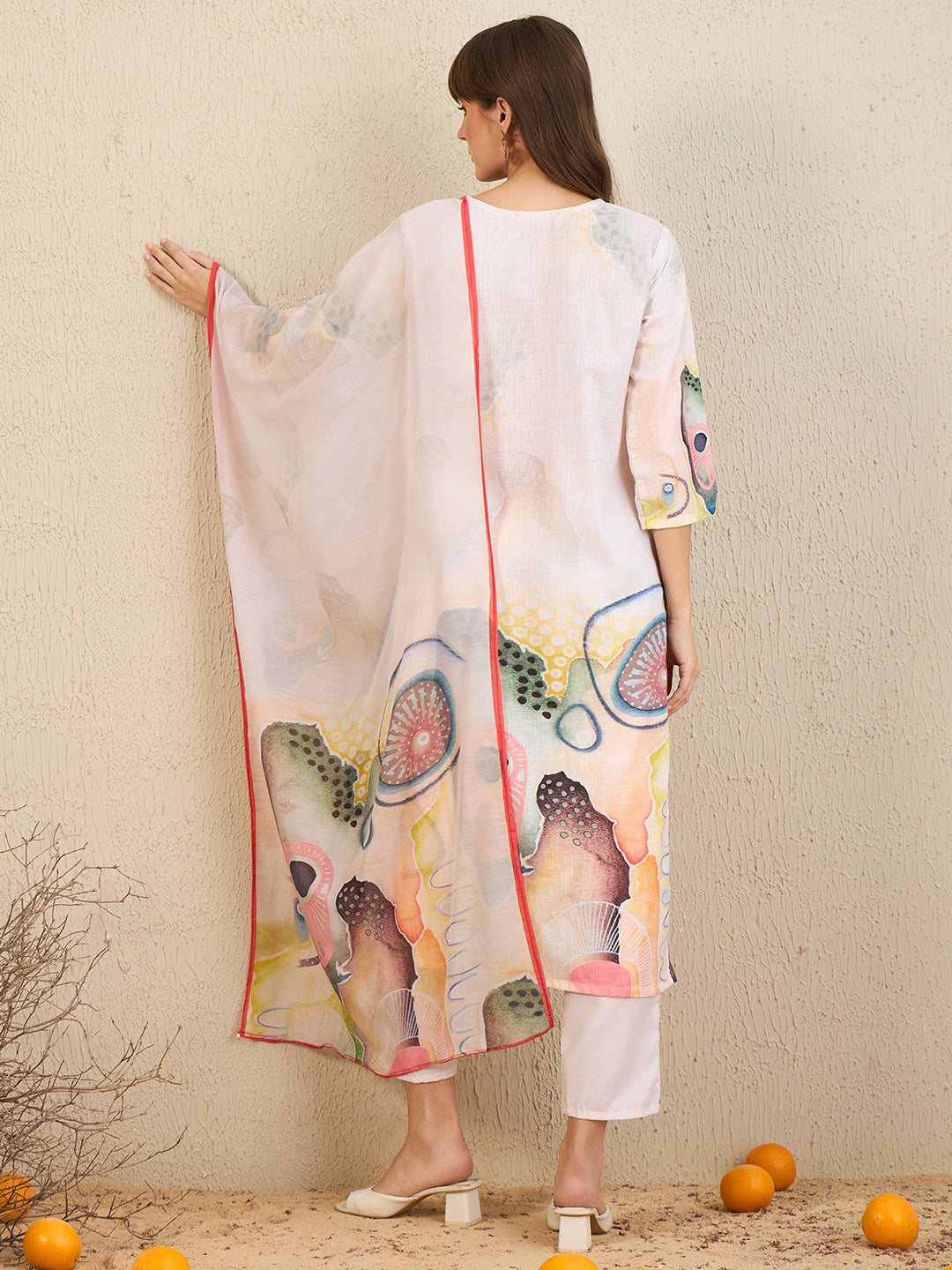 Indo Era Cream Printed Straight Kurta Trousers With Dupatta Set