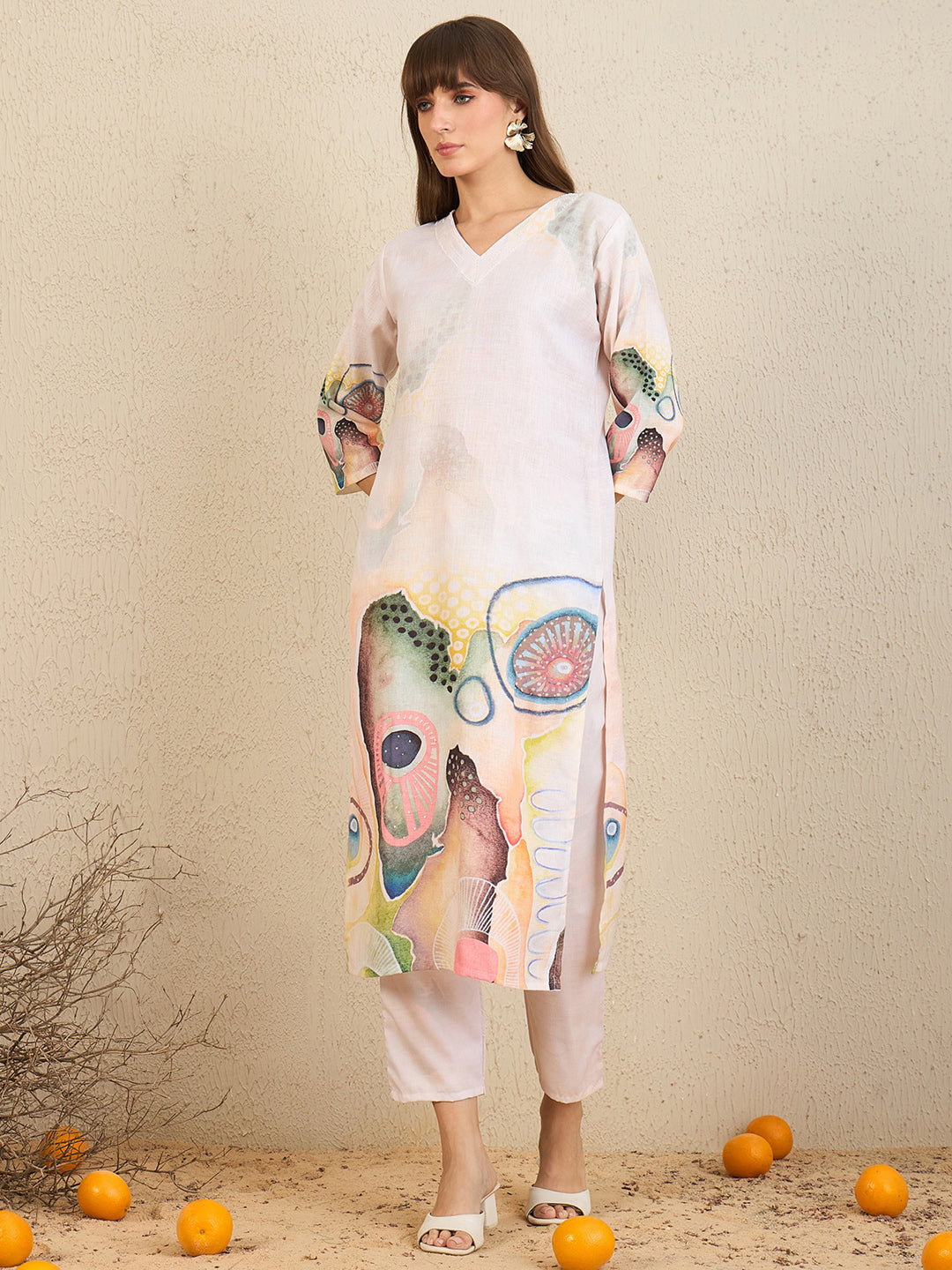 Indo Era Cream Printed Straight Kurta Trousers With Dupatta Set