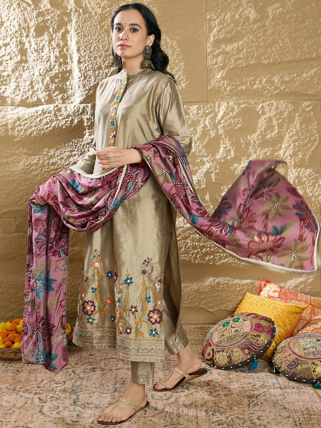 Indo Era Beige Embroidered Straight Kurta Trousers With Dupatta Set