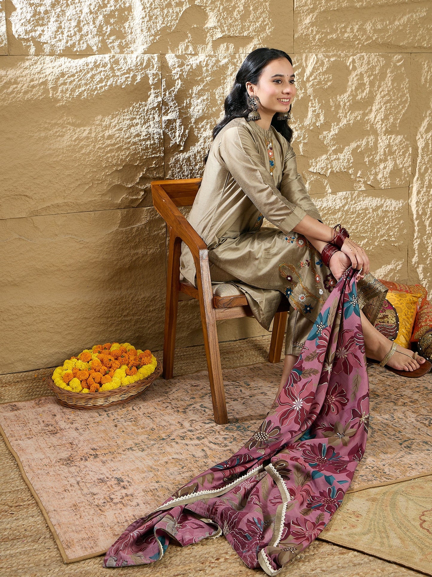 Indo Era Beige Embroidered Straight Kurta Trousers With Dupatta Set