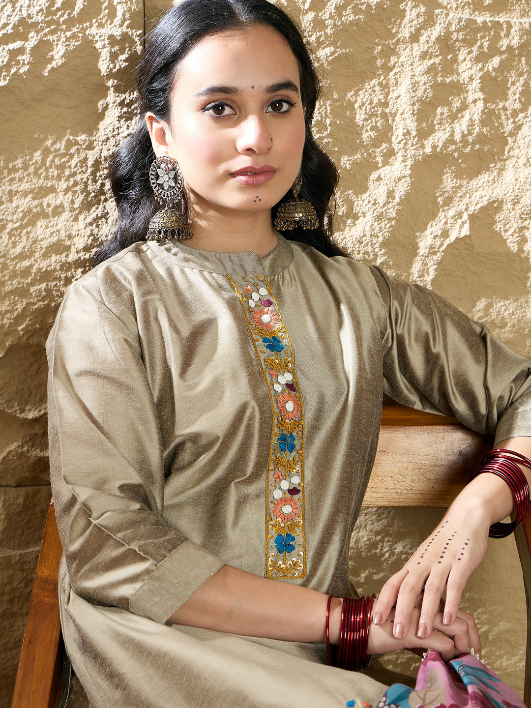 Indo Era Beige Embroidered Straight Kurta Trousers With Dupatta Set