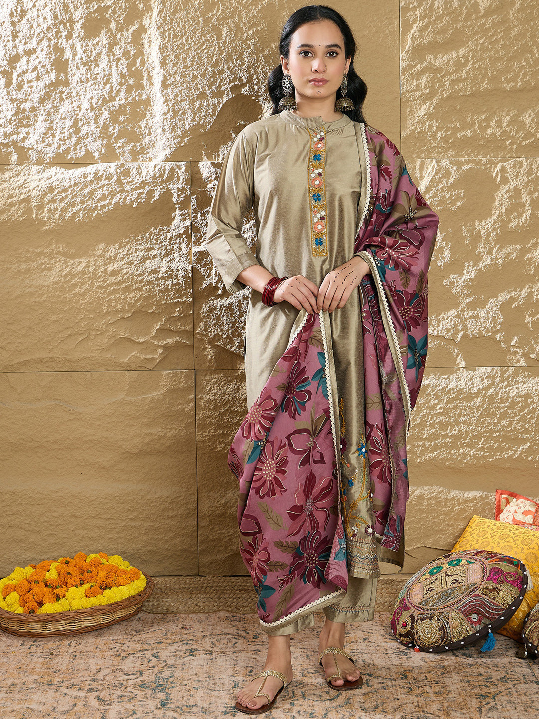 Indo Era Beige Embroidered Straight Kurta Trousers With Dupatta Set