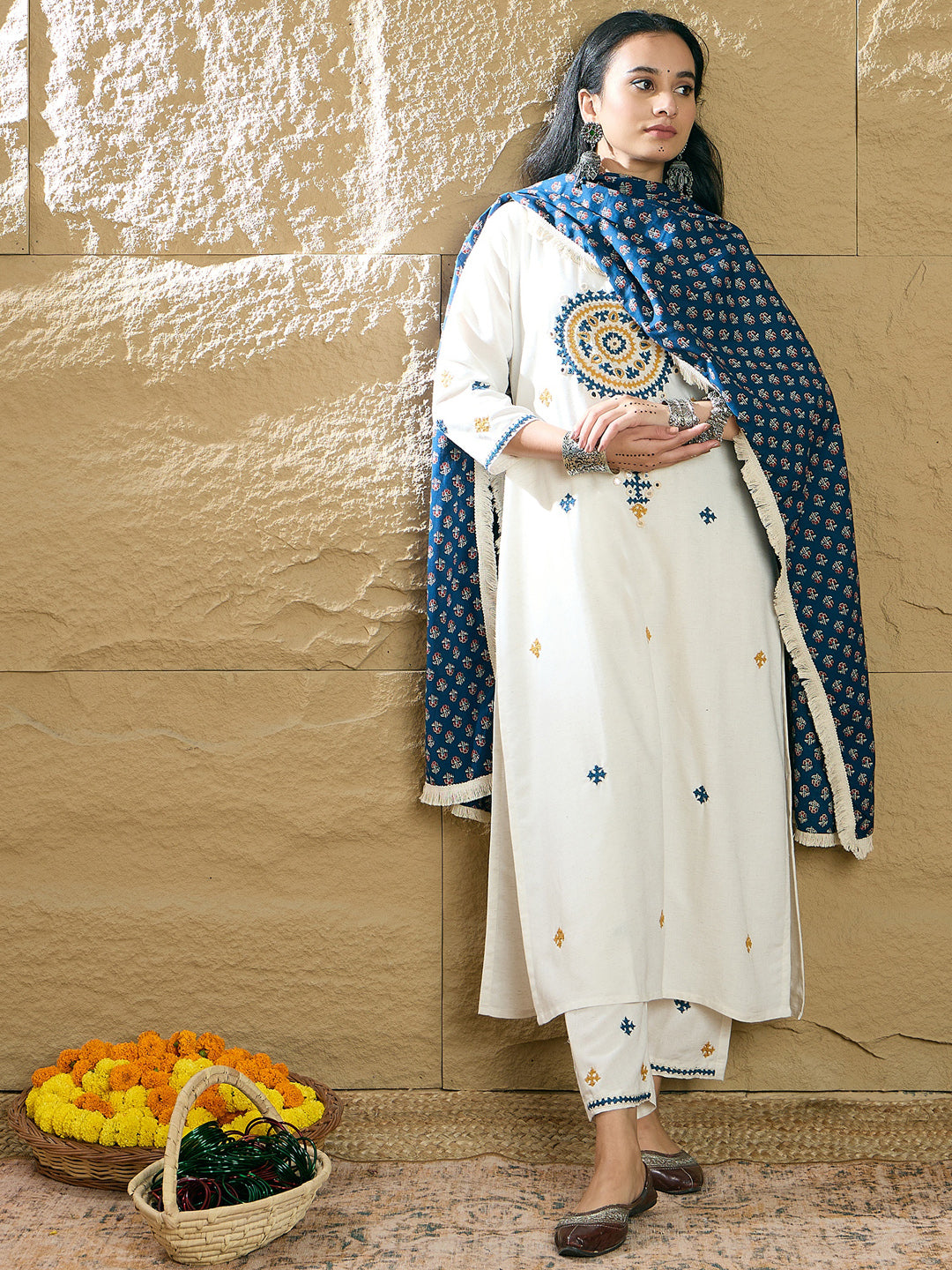 Indo Era Cream Embroidered Straight Kurta Trousers With Dupatta Set