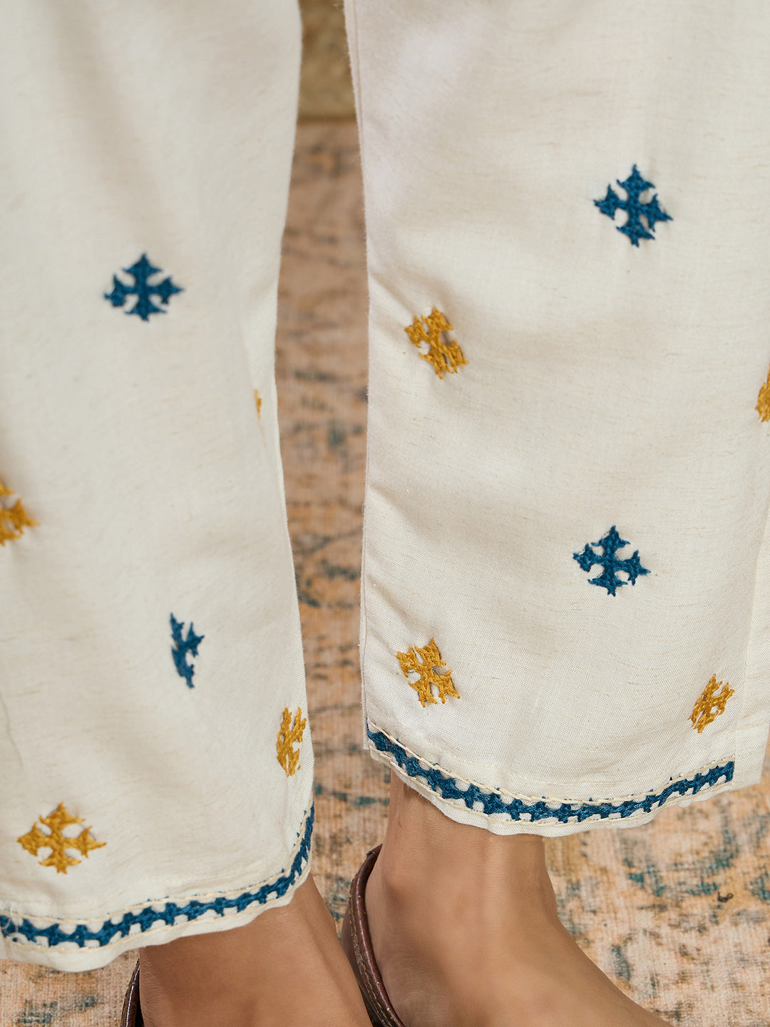 Indo Era Cream Embroidered Straight Kurta Trousers With Dupatta Set
